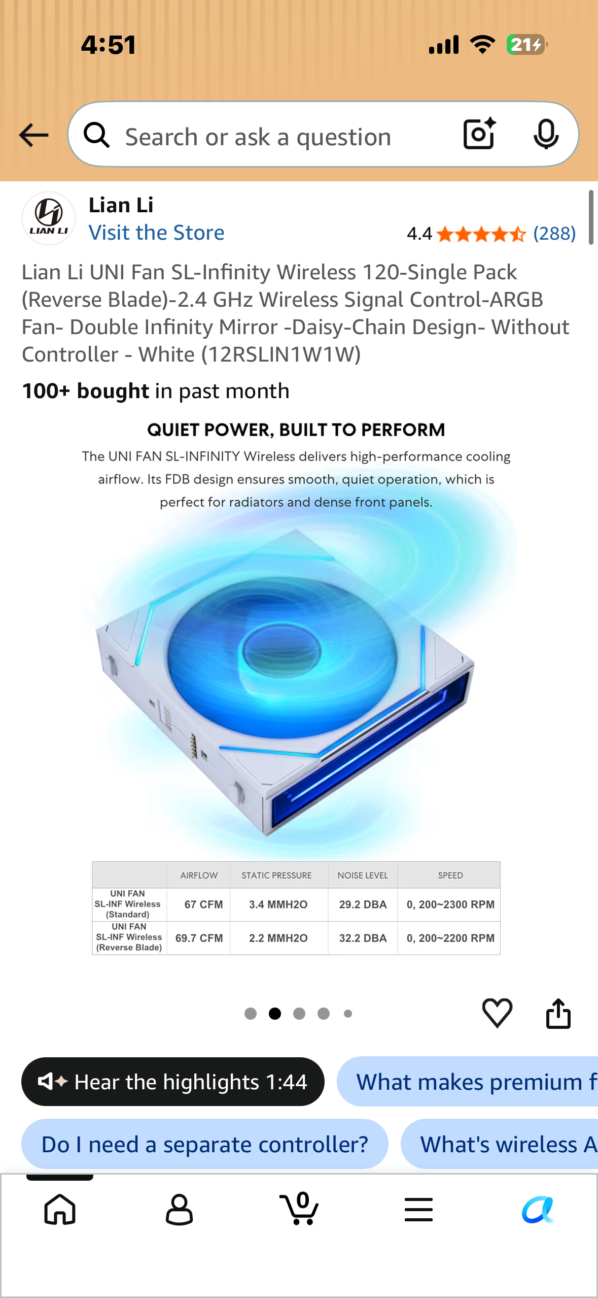 Lian Li UNI Fan SL-Infinity Wireless 120-Single Pack (Reverse Blade)