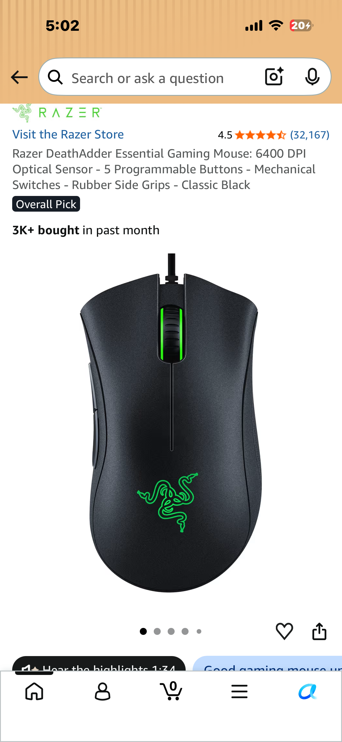 Razer DeathAdder Essential Gaming Mouse: 6400 DPI Optical Sensor - 5 Programmable Buttons - Mechanical Switches - Rubber Side Grips - Classic Black