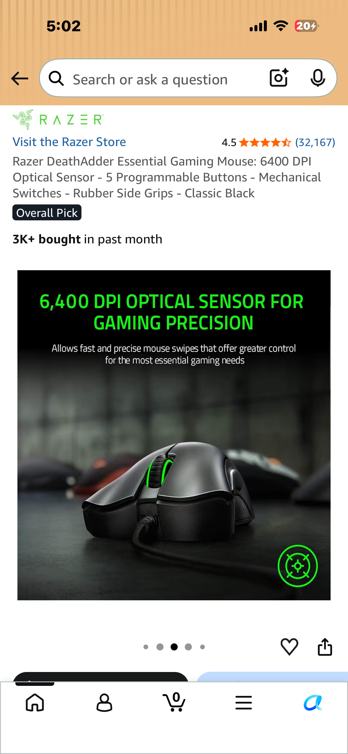 Razer DeathAdder Essential Gaming Mouse: 6400 DPI Optical Sensor - 5 Programmable Buttons - Mechanical Switches - Rubber Side Grips - Classic Black