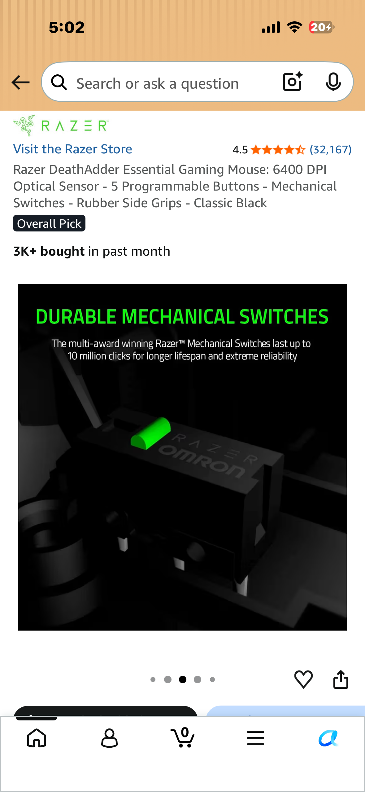 Razer DeathAdder Essential Gaming Mouse: 6400 DPI Optical Sensor - 5 Programmable Buttons - Mechanical Switches - Rubber Side Grips - Classic Black