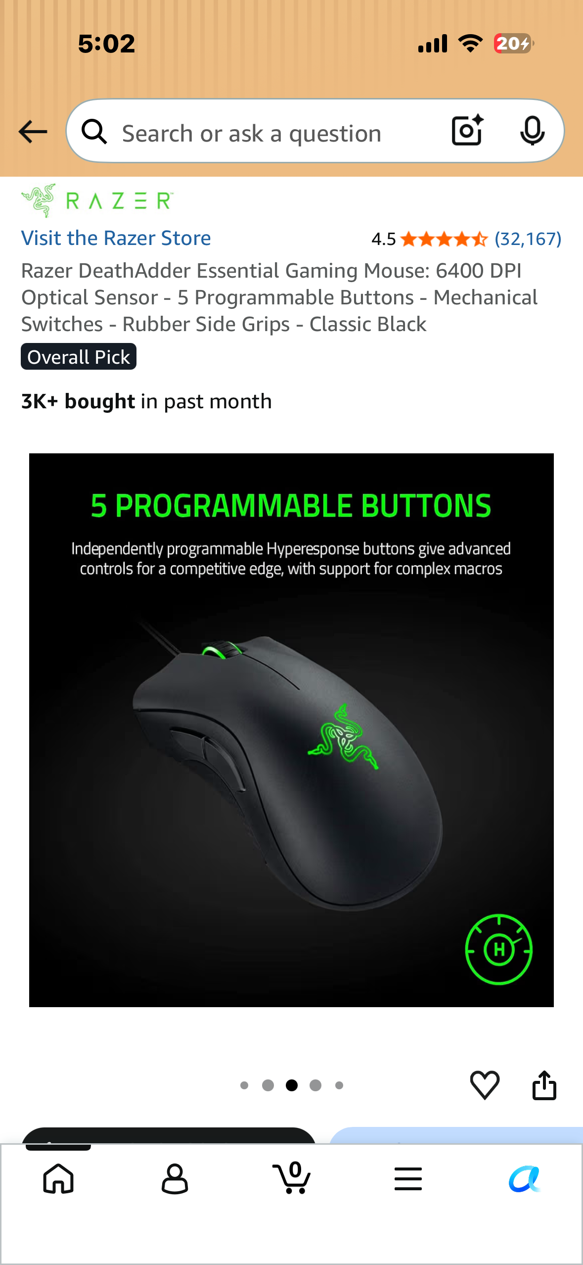 Razer DeathAdder Essential Gaming Mouse: 6400 DPI Optical Sensor - 5 Programmable Buttons - Mechanical Switches - Rubber Side Grips - Classic Black