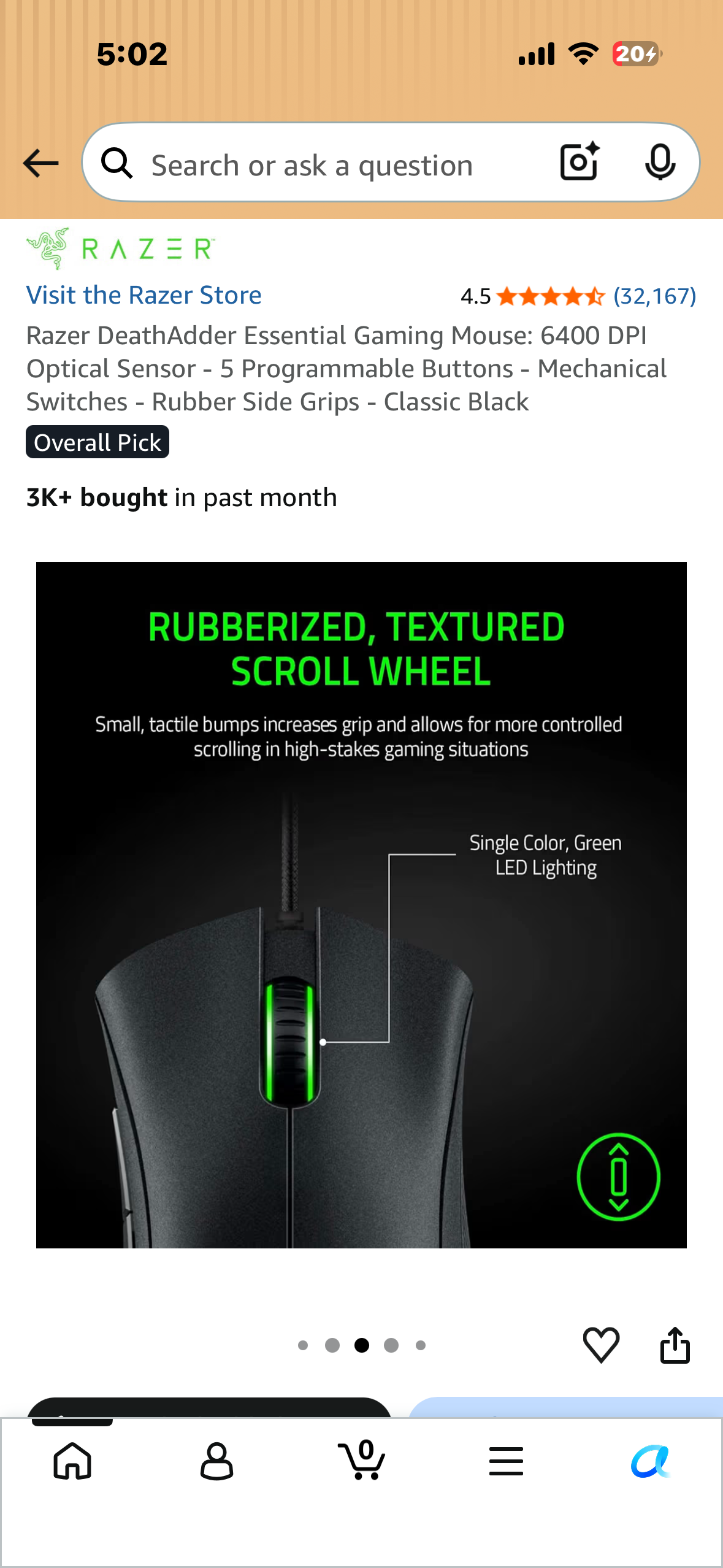 Razer DeathAdder Essential Gaming Mouse: 6400 DPI Optical Sensor - 5 Programmable Buttons - Mechanical Switches - Rubber Side Grips - Classic Black