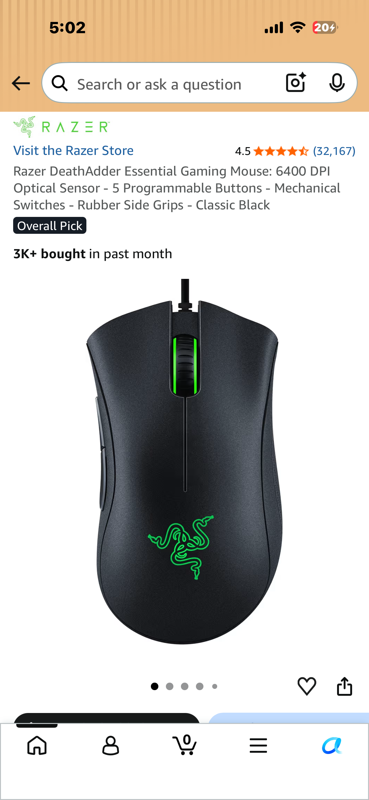 Razer DeathAdder Essential Gaming Mouse: 6400 DPI Optical Sensor - 5 Programmable Buttons - Mechanical Switches - Rubber Side Grips - Classic Black