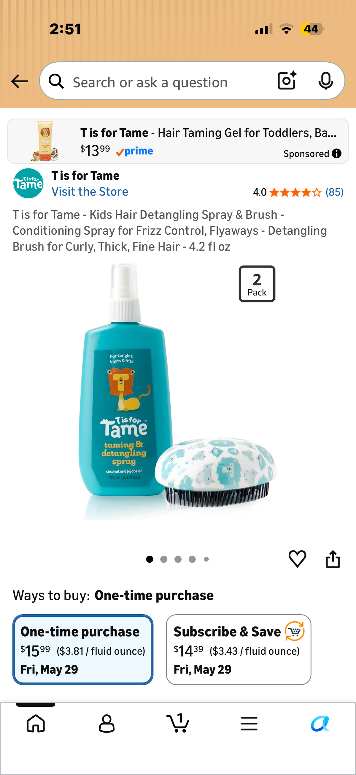 T is for Tame - Kids Hair Detangling Spray & Brush - Conditioning Spray for Frizz Control, Flyaways - Detangling Brush for Curly, Thick, Fine Hair - 4.2 fl oz