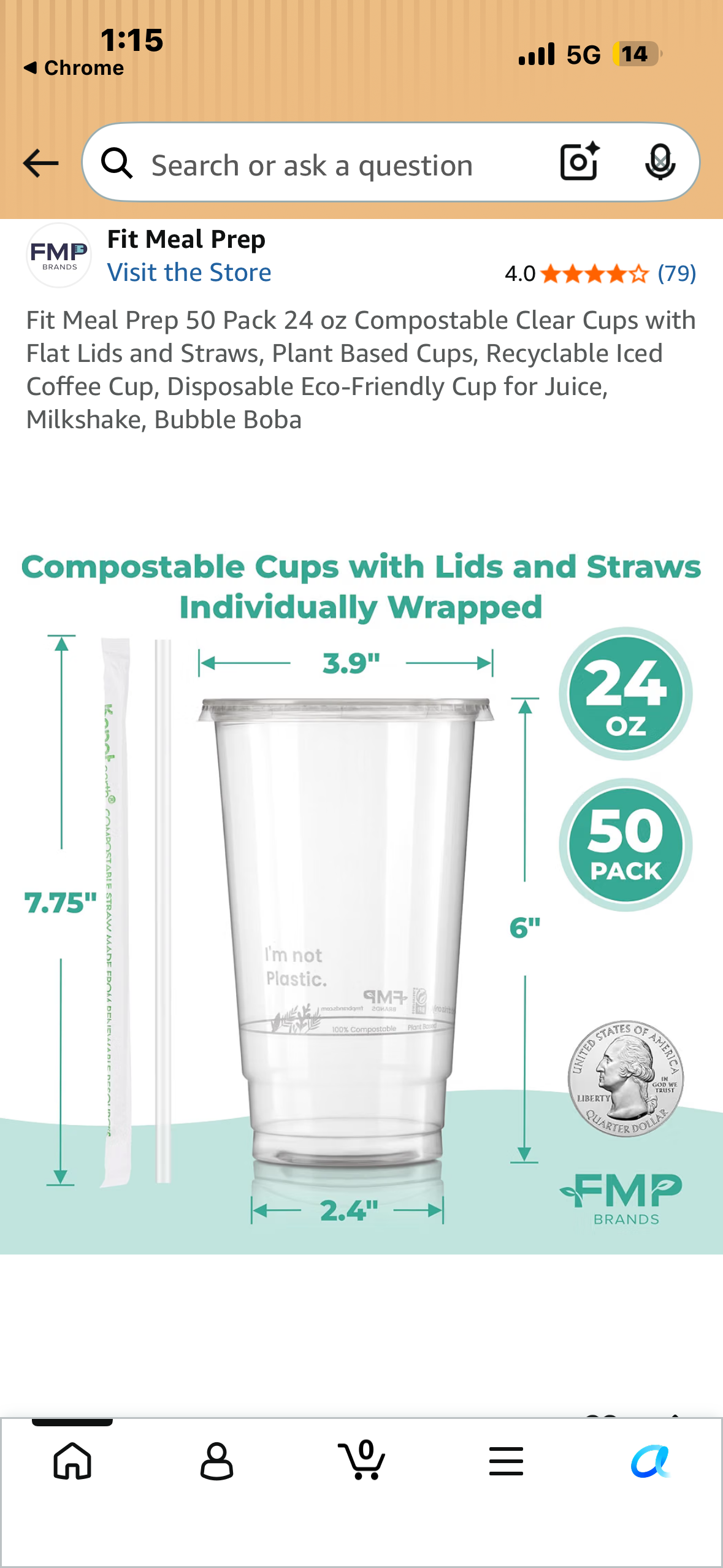 Fit Meal Prep 50 Pack 24 oz Compostable Clear Cups with Flat Lids, Plant Based, Recyclable, Disposable Eco-Friendly for Party, Juice, Milkshake, Bubble Boba, Beer, Iced Tea