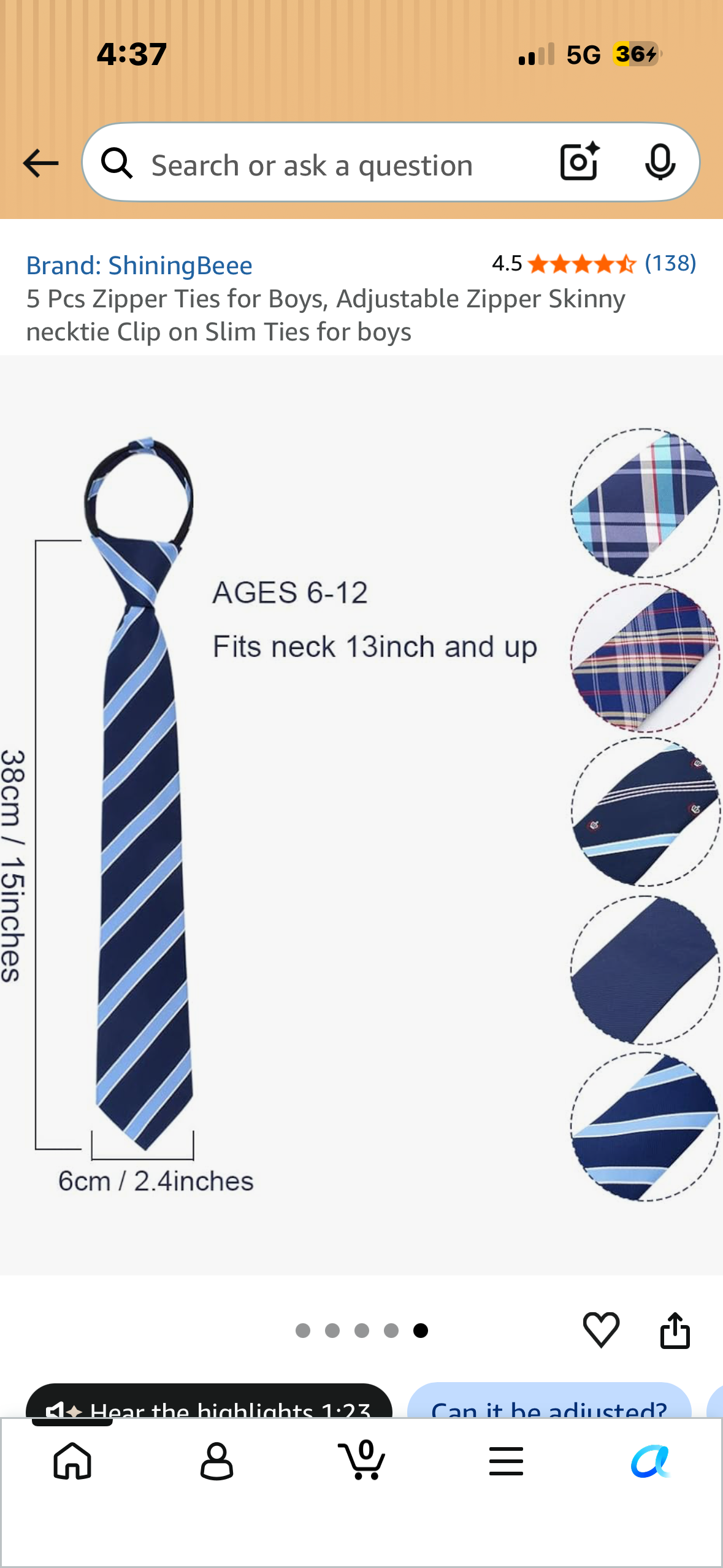 5 Pcs Zipper Ties for Boys, Adjustable Zipper Skinny necktie Clip on Slim Ties for boys