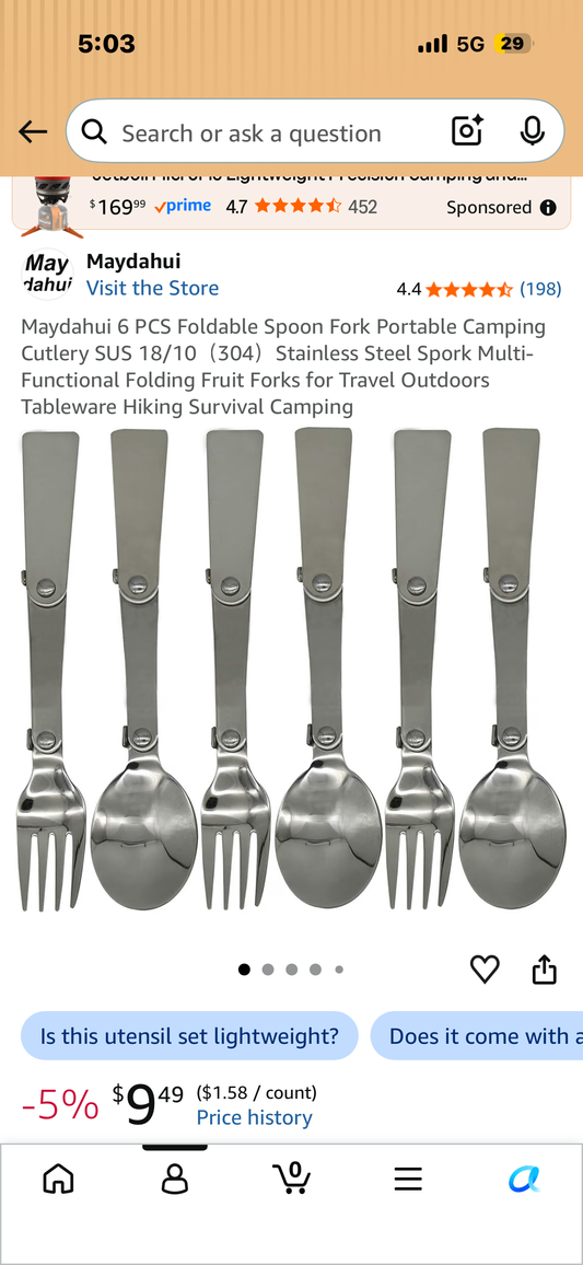 Maydahui 6 PCS Foldable Spoon Fork Portable Camping Cutlery SUS 18/10（304）Stainless Steel Spork Multi-Functional Folding Fruit Forks for Travel Outdoors Tableware Hiking Survival Camping