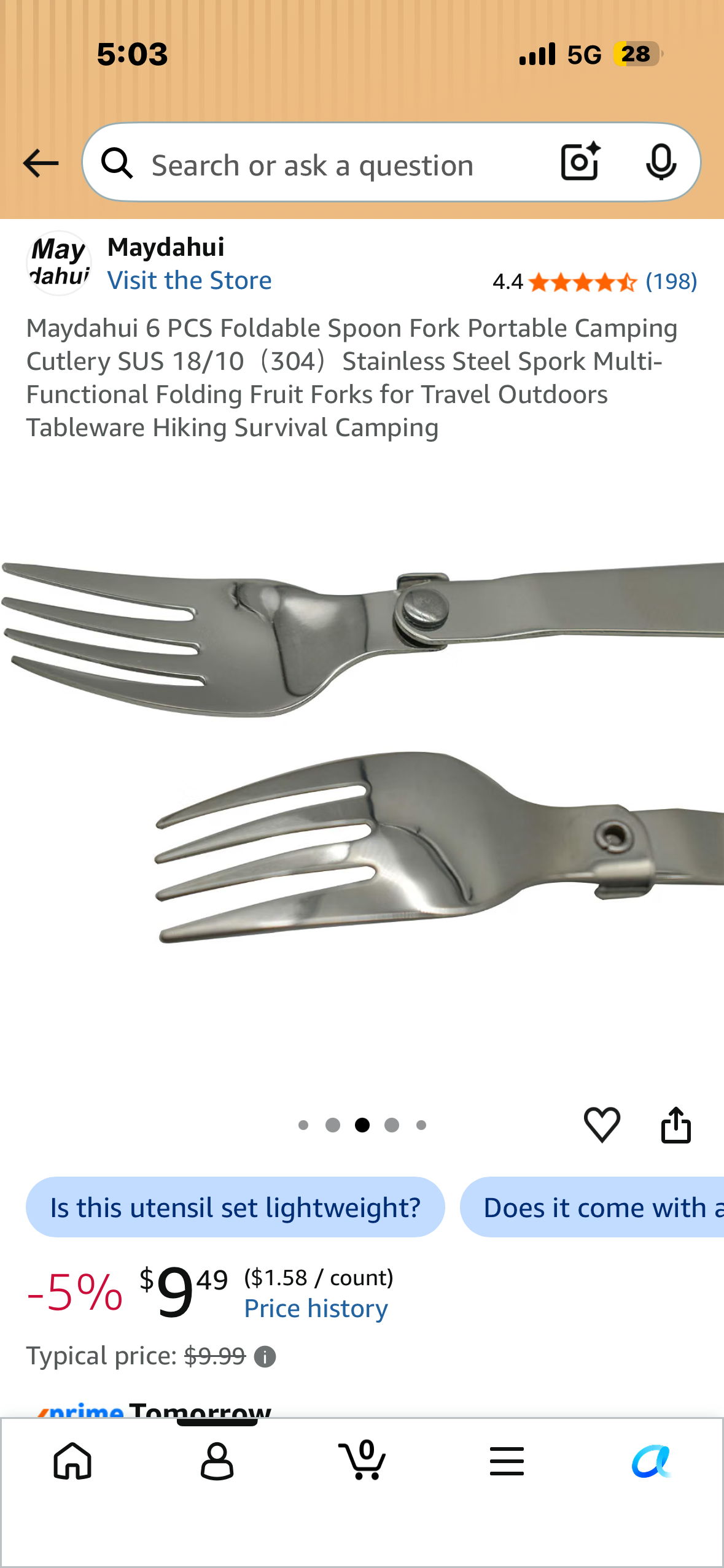 Maydahui 6 PCS Foldable Spoon Fork Portable Camping Cutlery SUS 18/10（304）Stainless Steel Spork Multi-Functional Folding Fruit Forks for Travel Outdoors Tableware Hiking Survival Camping