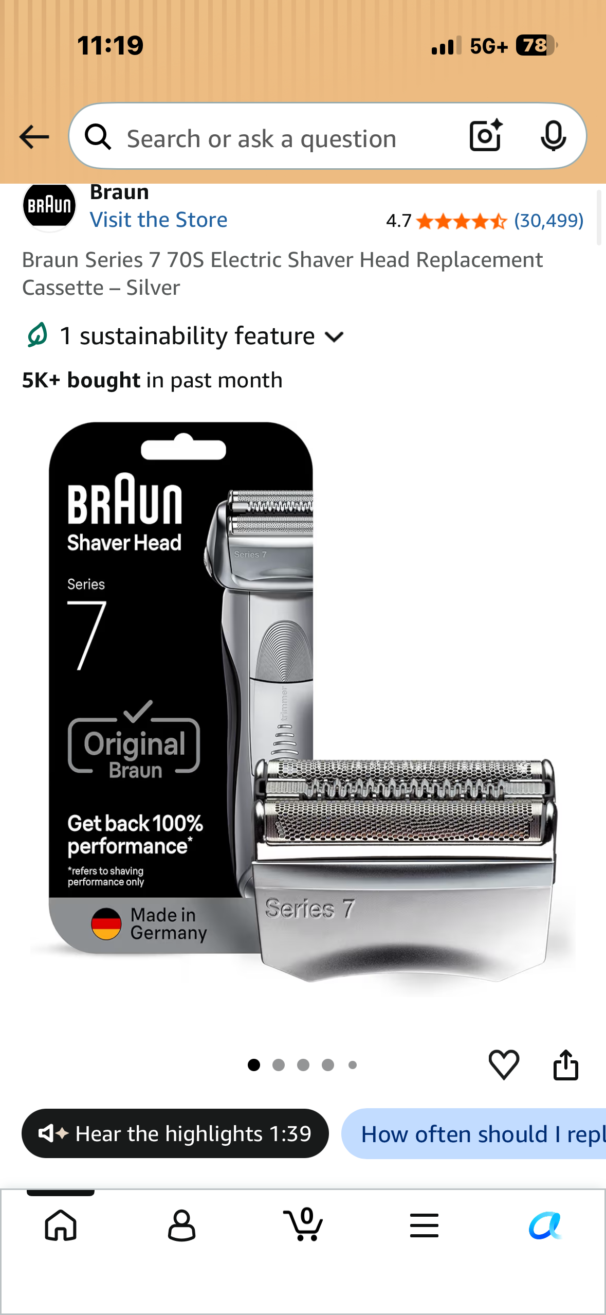 Braun Series 7 70S Electric Shaver Head Replacement Cassette – Silver