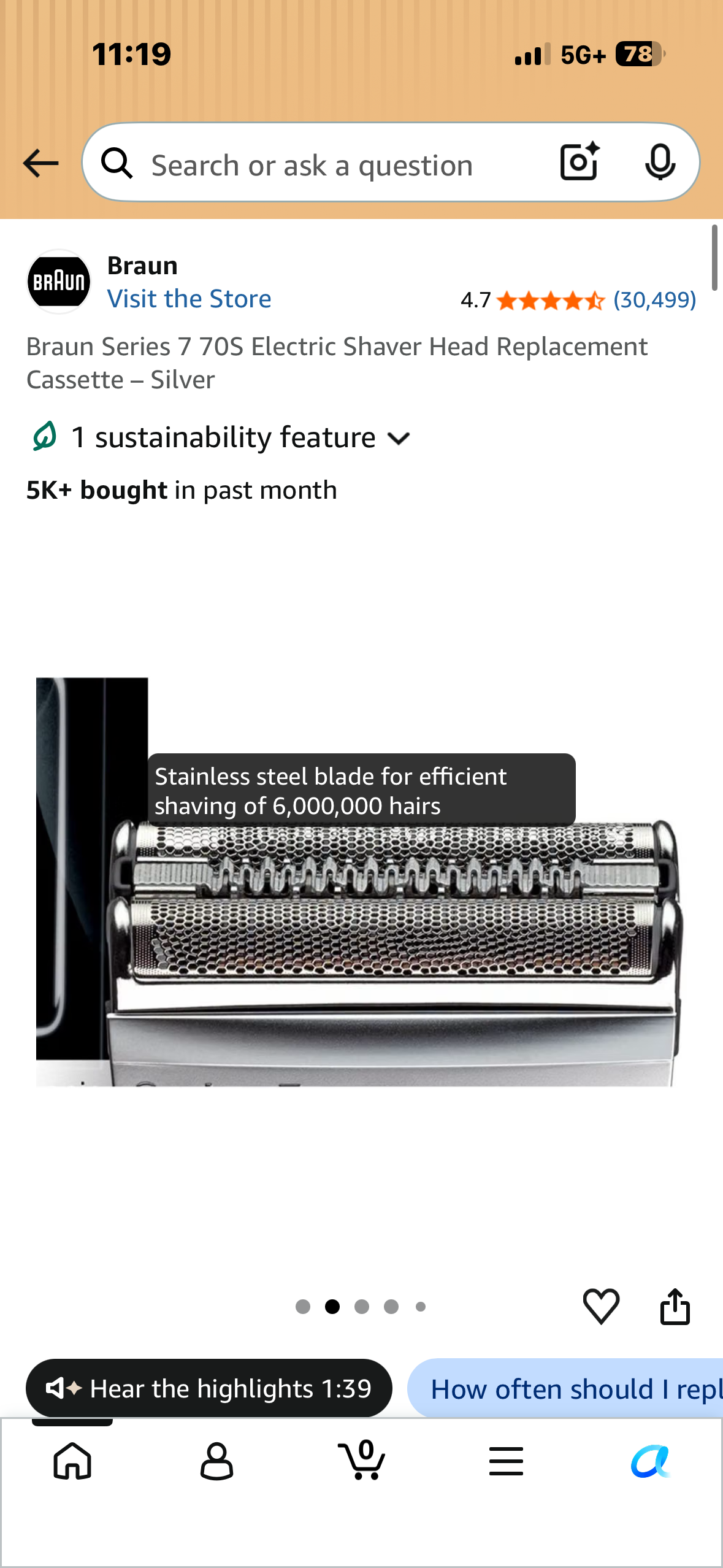 Braun Series 7 70S Electric Shaver Head Replacement Cassette – Silver
