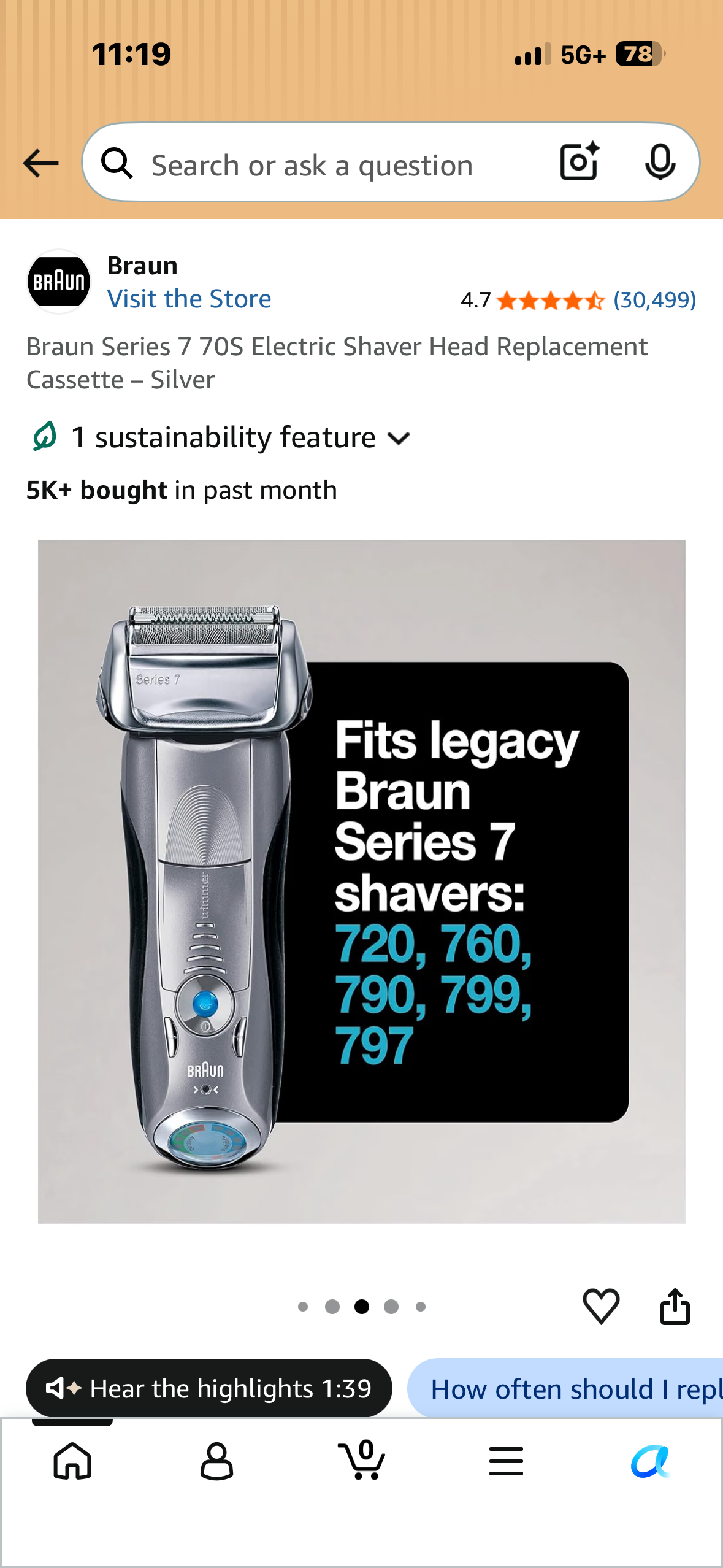 Braun Series 7 70S Electric Shaver Head Replacement Cassette – Silver