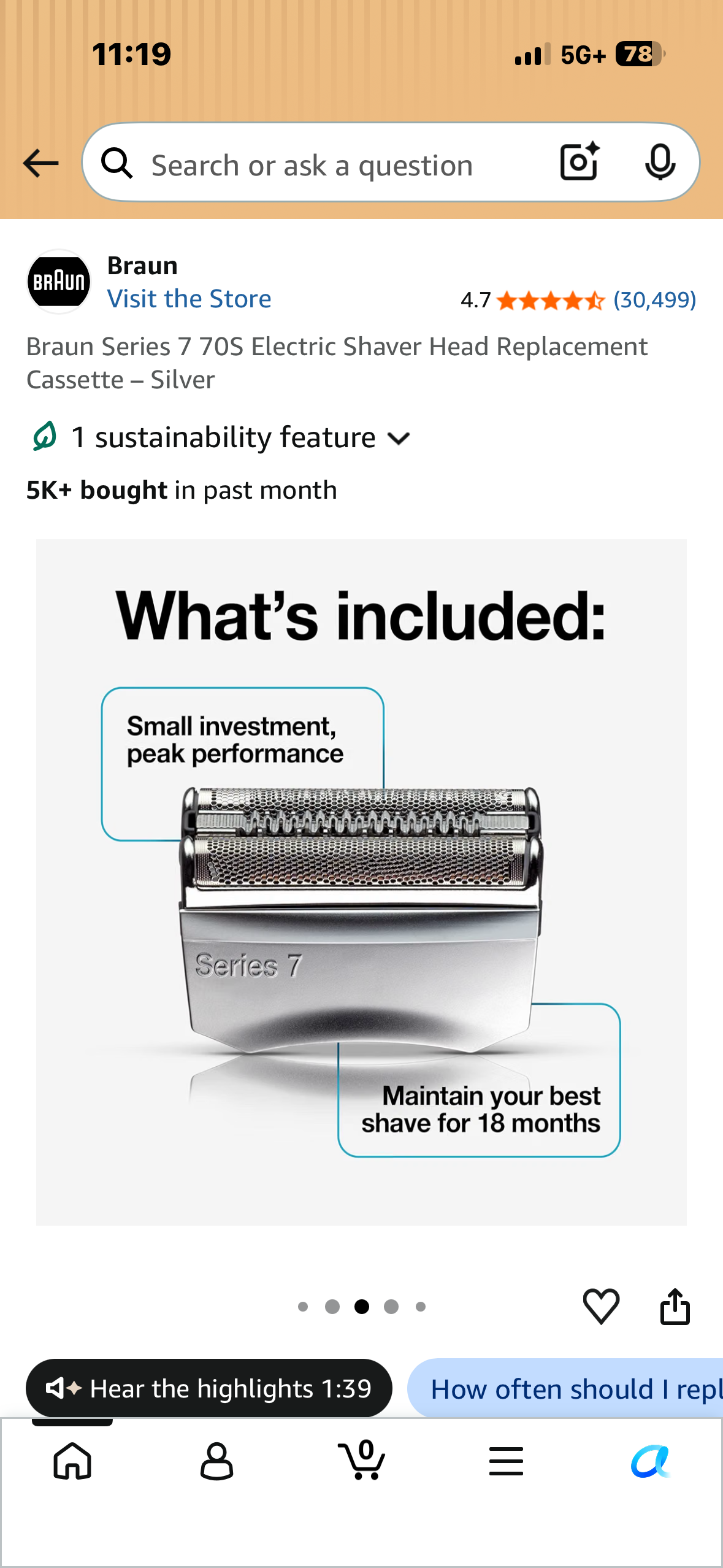 Braun Series 7 70S Electric Shaver Head Replacement Cassette – Silver