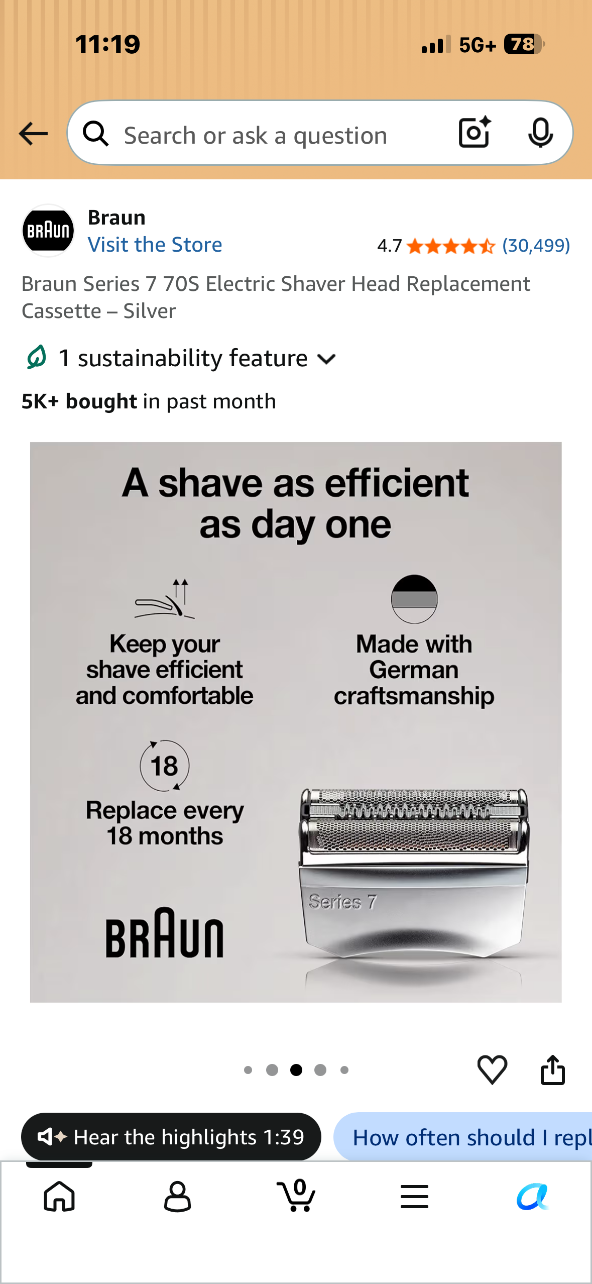Braun Series 7 70S Electric Shaver Head Replacement Cassette – Silver