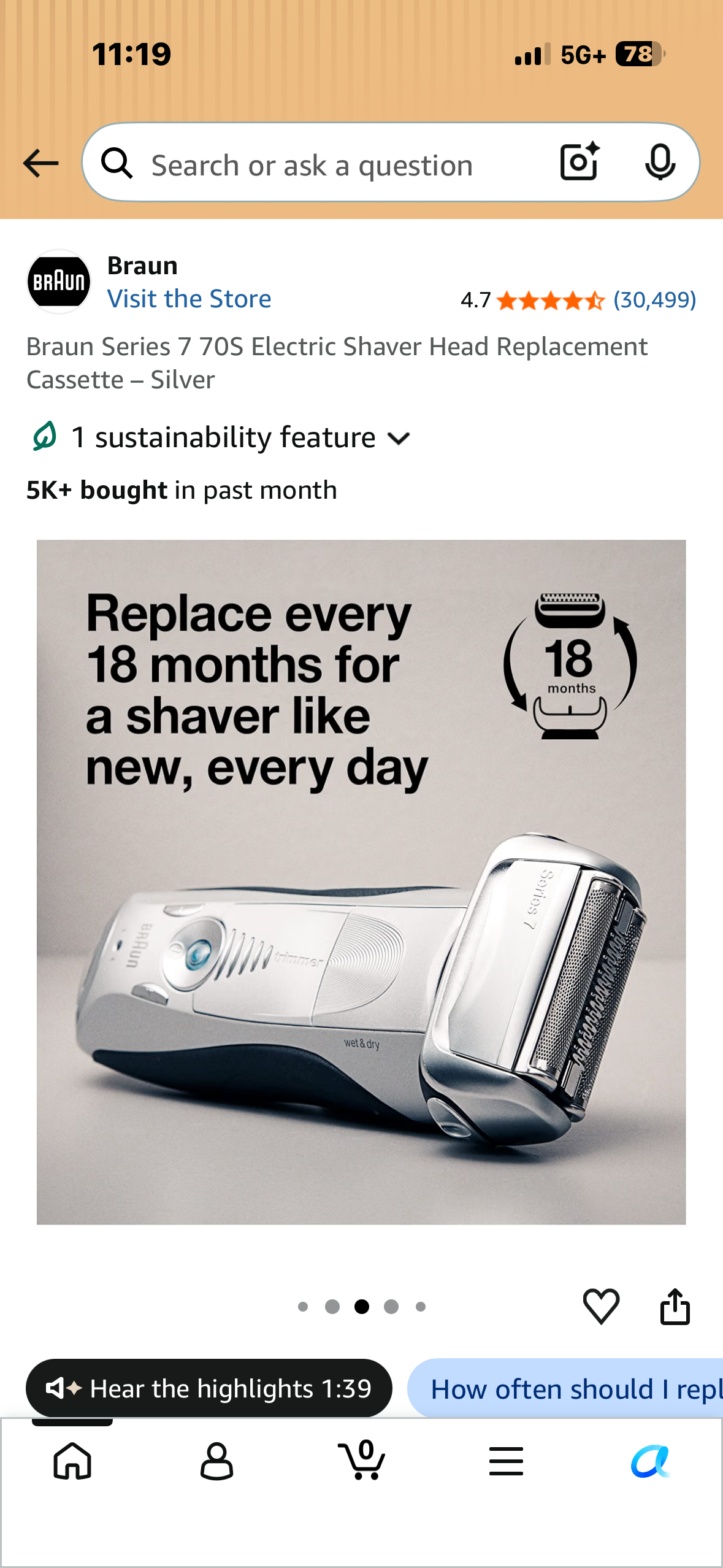 Braun Series 7 70S Electric Shaver Head Replacement Cassette – Silver