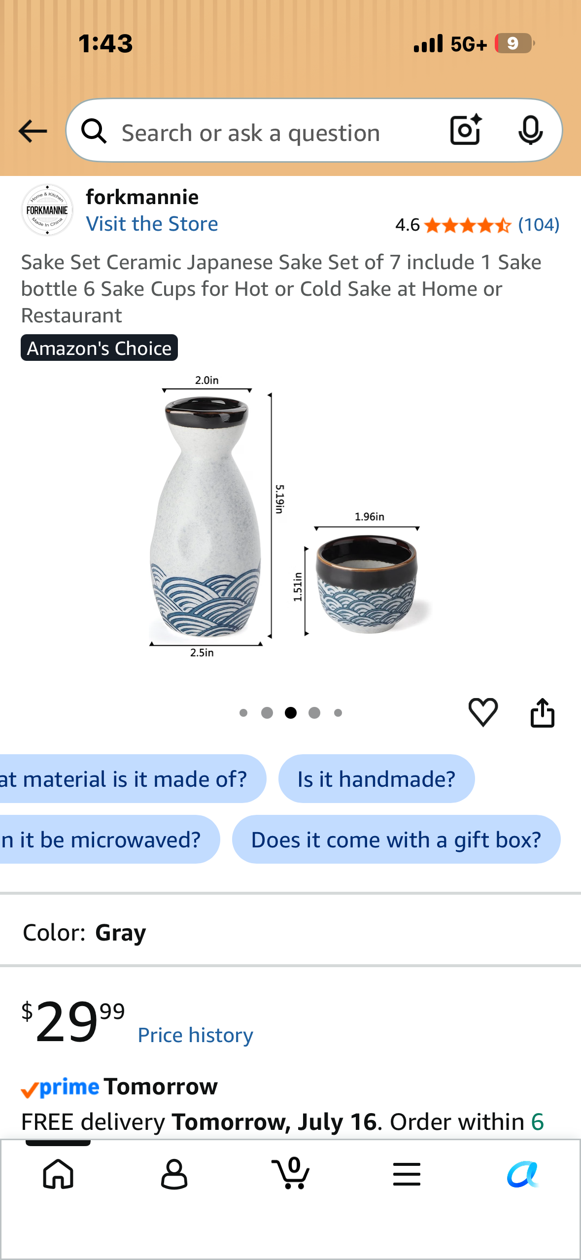 Sake Set Ceramic Japanese Sake Set of 7 include 1 Sake bottle 6 Sake Cups for Hot or Cold Sake at Home or Restaurant