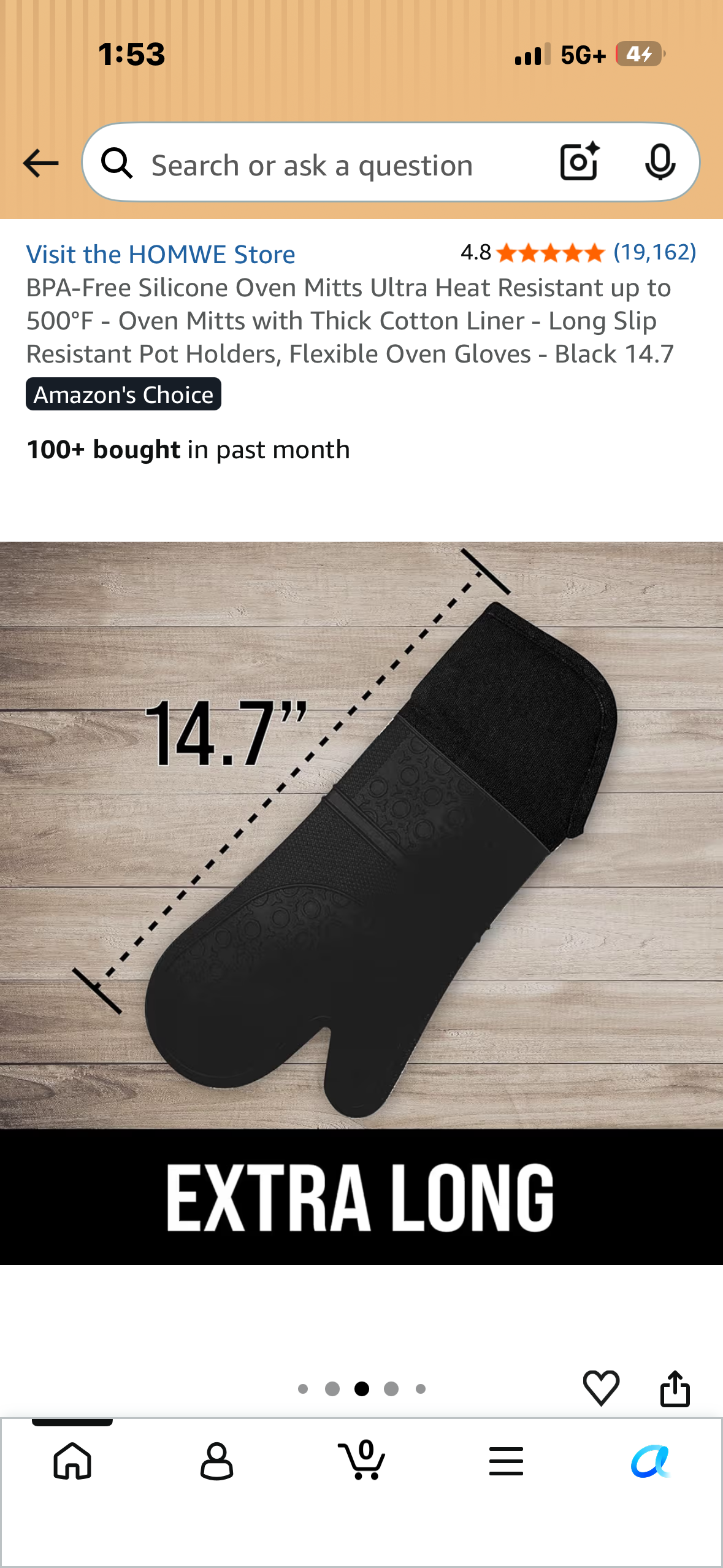 Silicone Oven Mitts, Ultra Heat Resistant up to 500°F - Oven Mitts with Thick Cotton Liner - Long Slip Resistant, BPA Free Pot Holders, Flexible Oven Gloves - Black 14.7