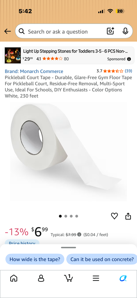 Court Tape - Durable, Glare-Free Gym Floor Tape For Pickleball Court, Residue-Free Removal, Multi-Sport Use, Ideal For Schools, DIY Enthusiasts - Color Options White, 230 feet