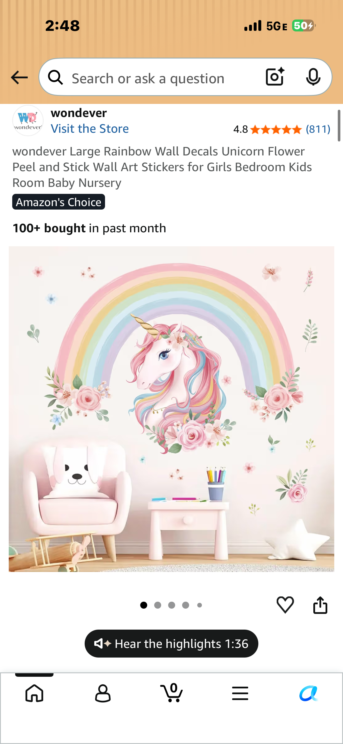Large Rainbow Wall Unicorn Floral Wall Decal, Peel and Stick Wall Art for Kids Room, Baby Nursery
