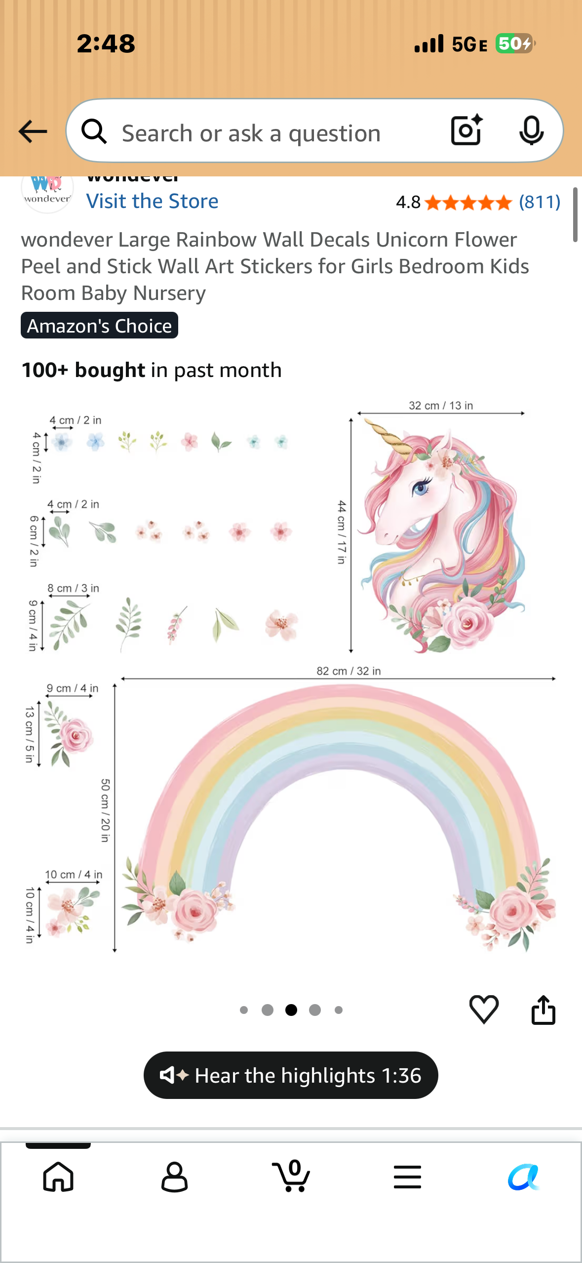 Large Rainbow Wall Unicorn Floral Wall Decal, Peel and Stick Wall Art for Kids Room, Baby Nursery