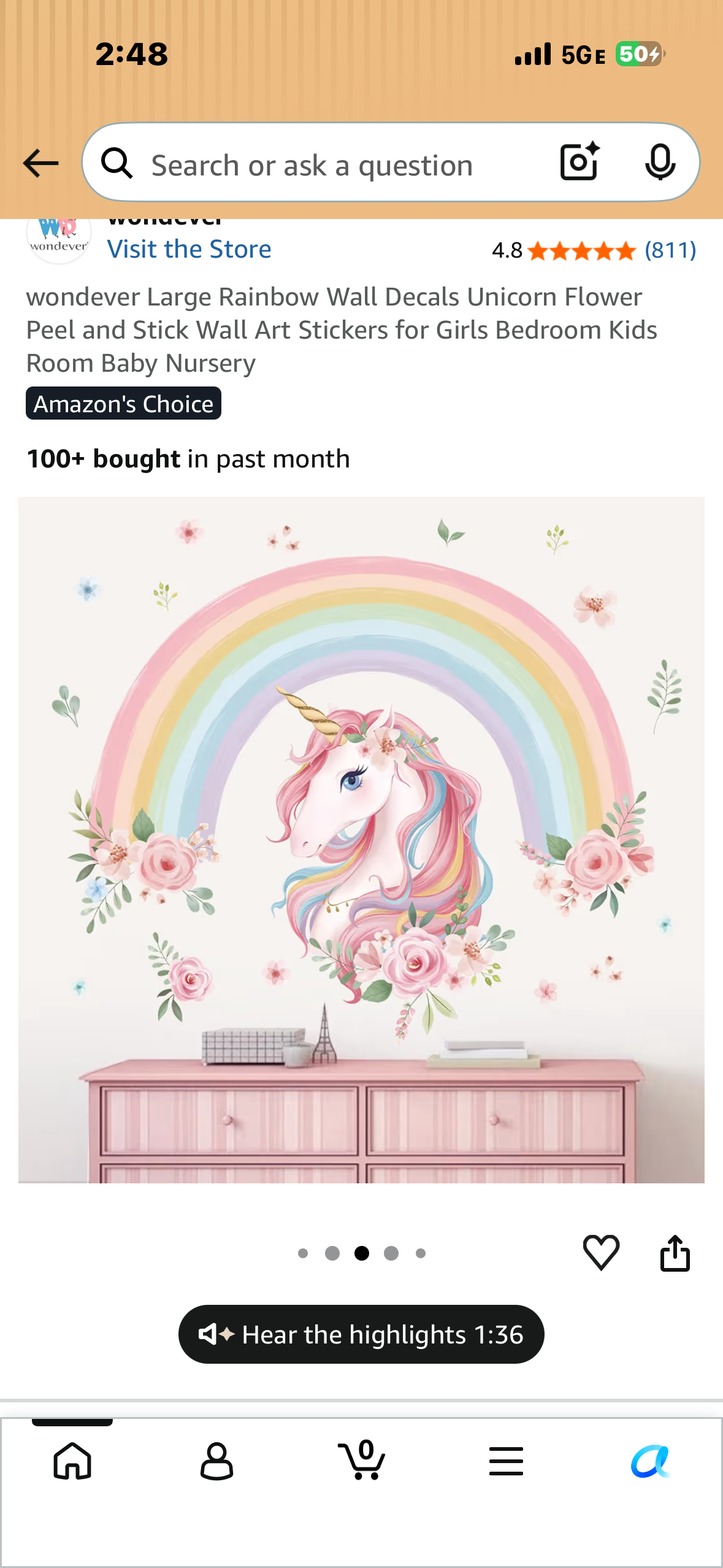Large Rainbow Wall Unicorn Floral Wall Decal, Peel and Stick Wall Art for Kids Room, Baby Nursery