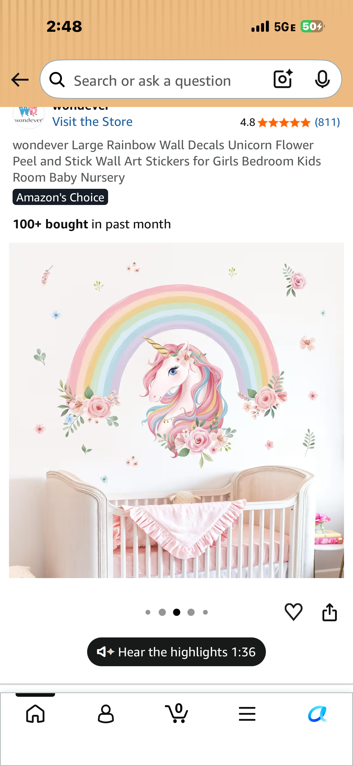 Large Rainbow Wall Unicorn Floral Wall Decal, Peel and Stick Wall Art for Kids Room, Baby Nursery