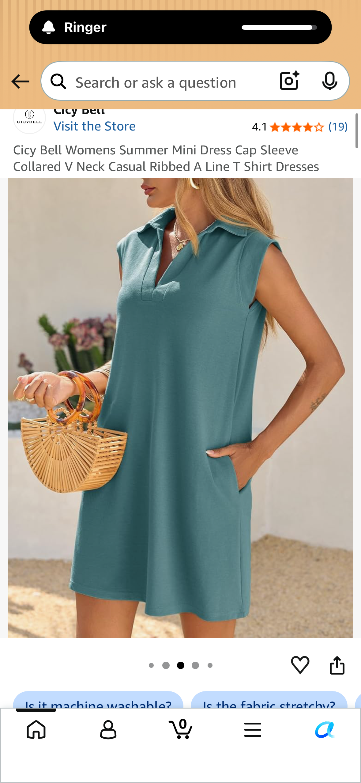 Cicy Bell Womens Summer Mini Dress Cap Sleeve Collared V Neck Casual Ribbed A Line Tunic T Shirt Dress, Rose Red (Size Large)