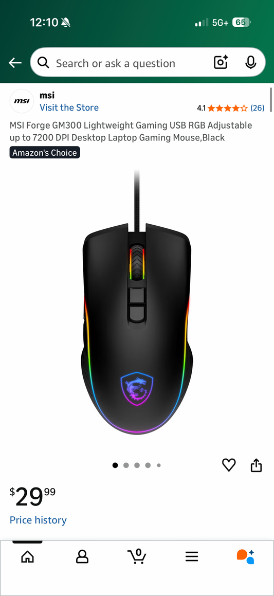 MSI Forge GM300 Lightweight Gaming USB RGB Adjustable up to 7200 DPI Desktop Laptop Gaming Mouse,Black