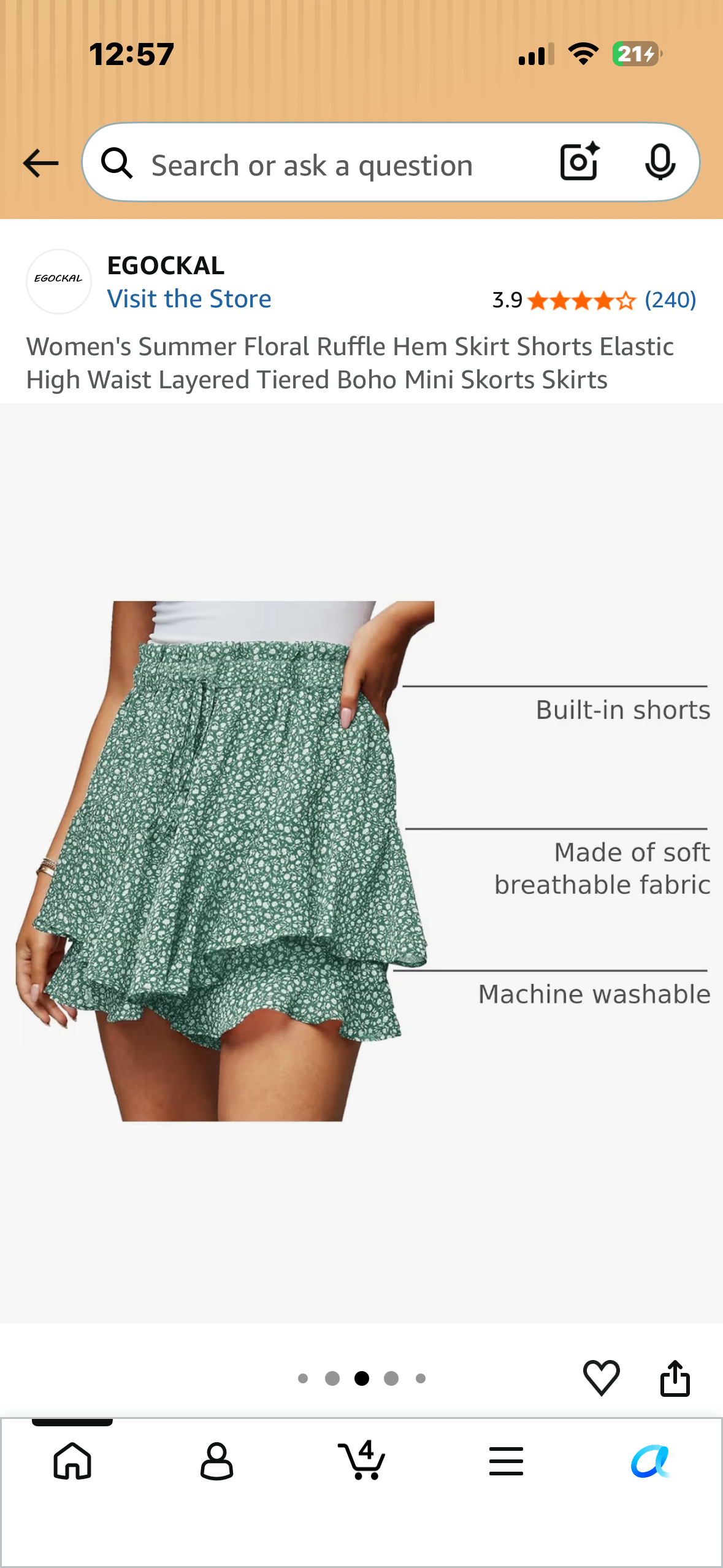 Women's Summer Floral Ruffle Hem Skirt Shorts Elastic High Waist Layered Tiered Boho Mini Skorts Skirts (Size Large)