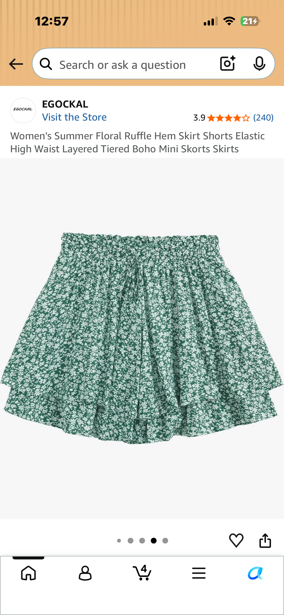 Women's Summer Floral Ruffle Hem Skirt Shorts Elastic High Waist Layered Tiered Boho Mini Skorts Skirts (Size Large)