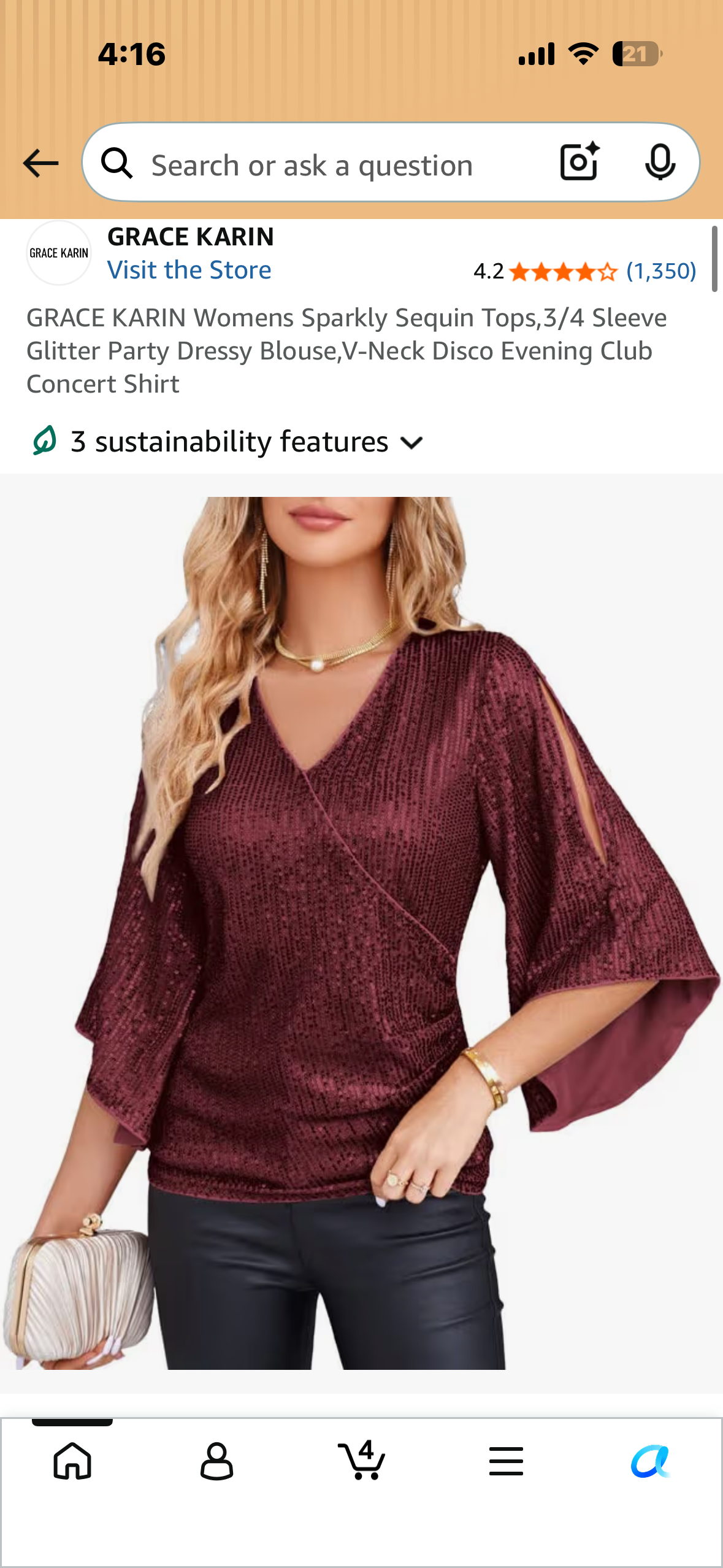 GRACE KARIN Womens Sparkly Sequin Tops,3/4 Sleeve Glitter Party Dressy Blouse,V-Neck Disco Evening Club Concert Shirt (Size Medium)