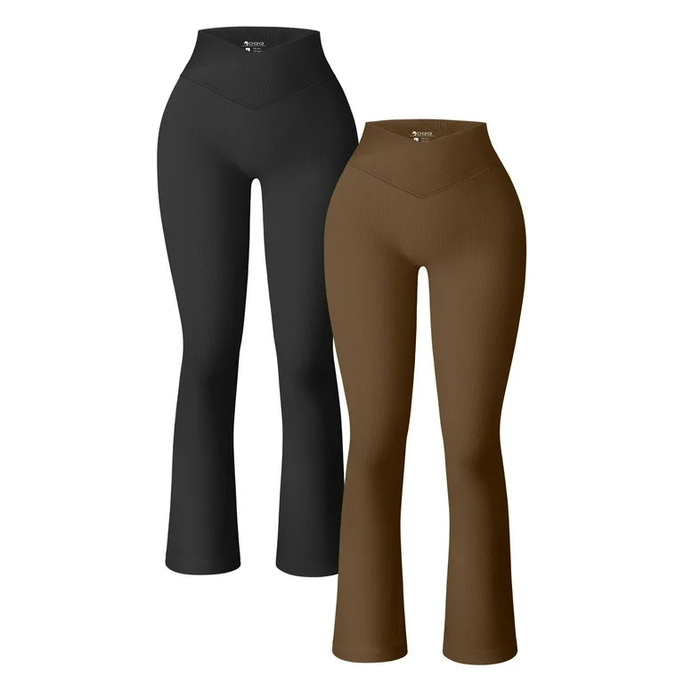 OQQ Women's 2 Piece Yoga Pants Ribbed Seamless Workout High Waist Cross Over Bell Bottoms Exercise Flare Leggings Black Dark brown (Size Small)