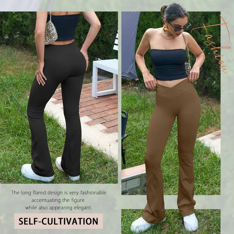 OQQ Women's 2 Piece Yoga Pants Ribbed Seamless Workout High Waist Cross Over Bell Bottoms Exercise Flare Leggings Black Dark brown (Size Small)