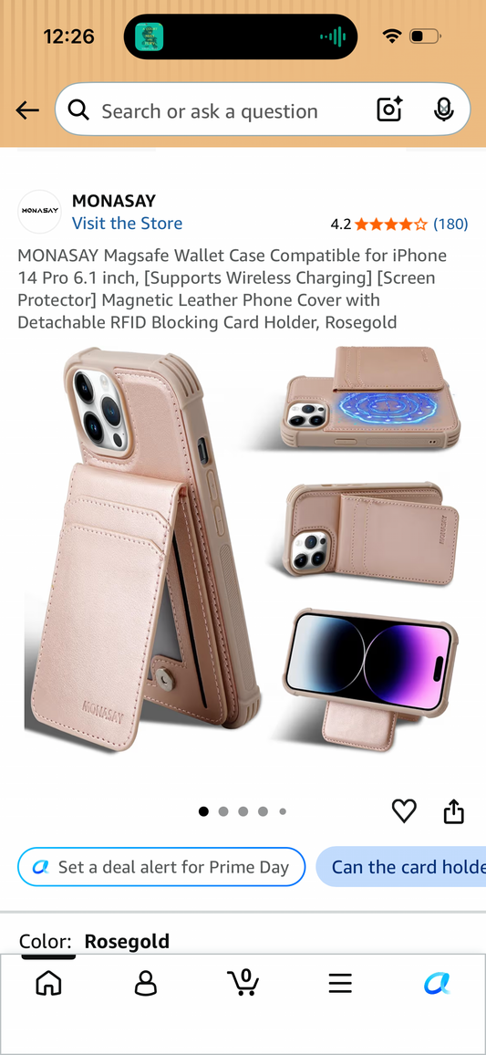 MONASAY Magsafe Wallet Case Compatible for iPhone 14 Pro Max 6.7 inch, [Wireless Charging] [Screen Protector] Magnetic Leather Phone Cover with Detachable RFID Blocking Card Holder, Rosegold