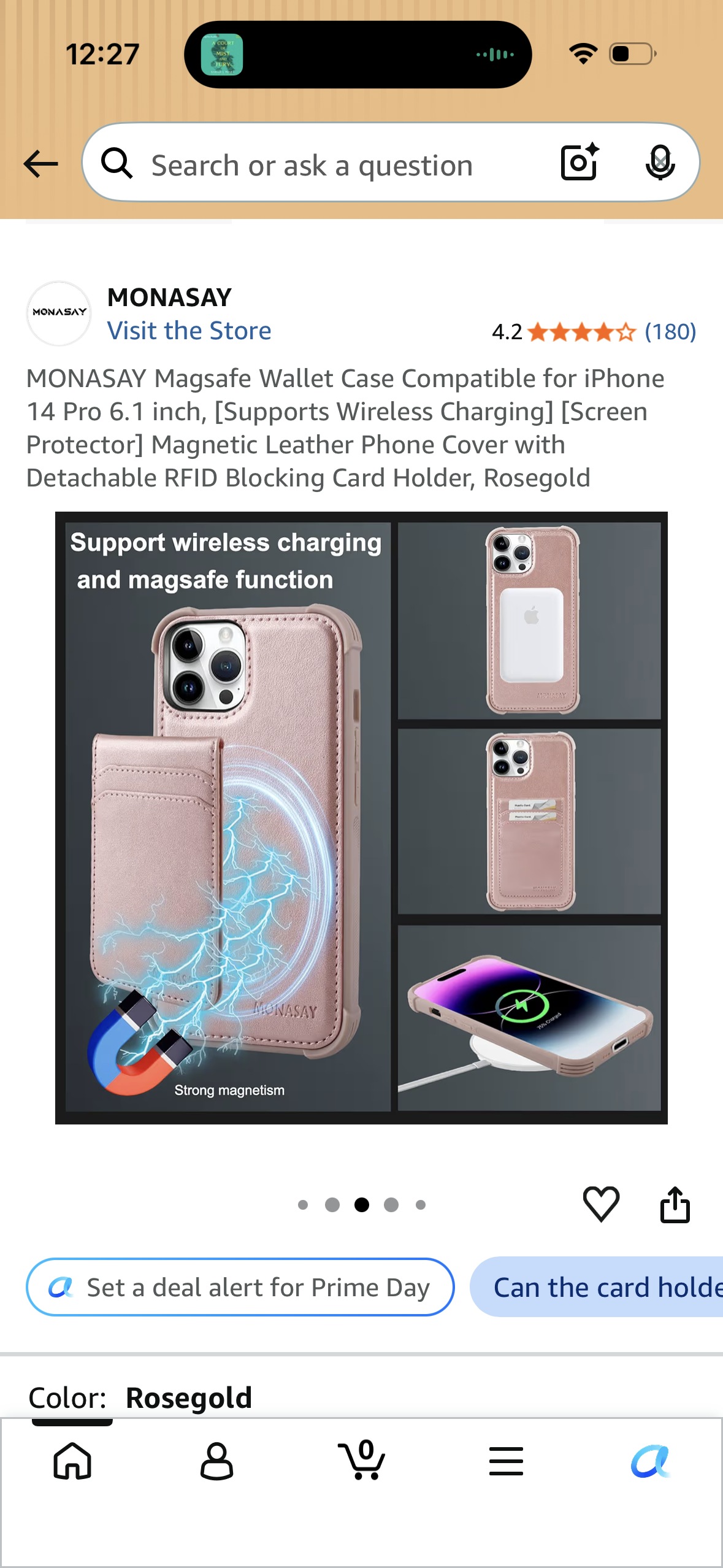 MONASAY Magsafe Wallet Case Compatible for iPhone 14 Pro Max 6.7 inch, [Wireless Charging] [Screen Protector] Magnetic Leather Phone Cover with Detachable RFID Blocking Card Holder, Rosegold