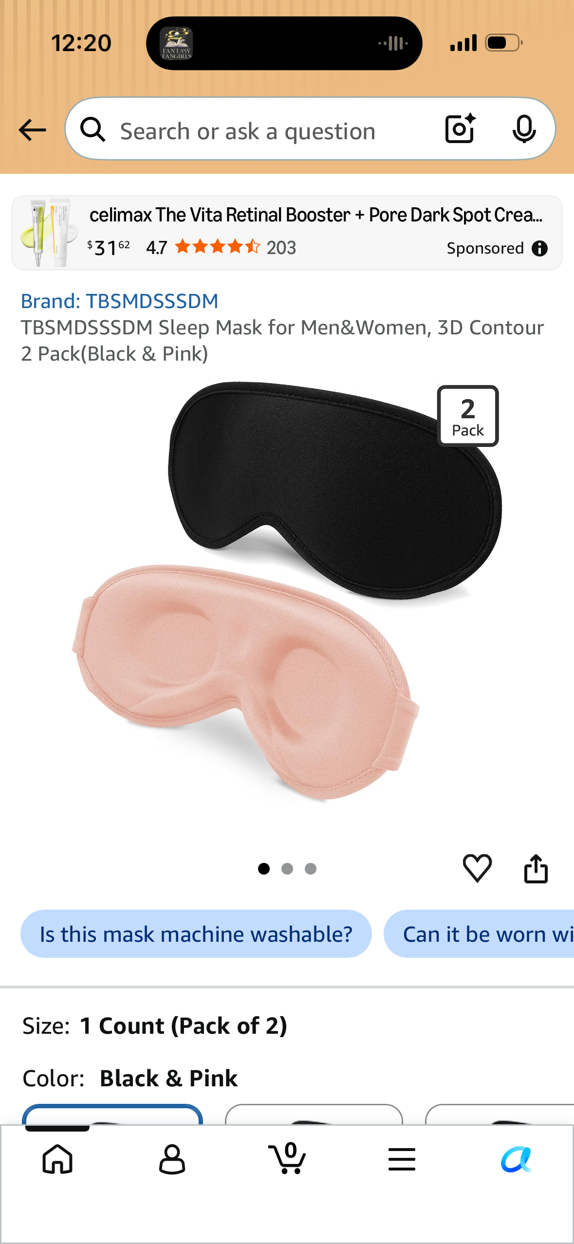 TBSMDSSSDM Sleep Mask for Men & Women, 3D Contour 2 Pack (Black & Pink)