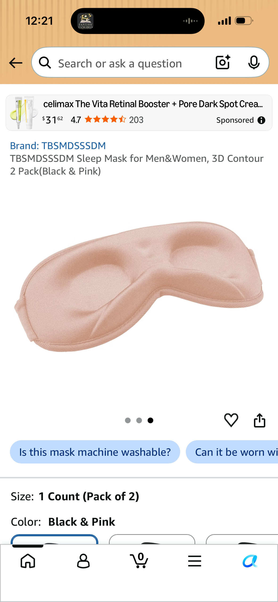 TBSMDSSSDM Sleep Mask for Men & Women, 3D Contour 2 Pack (Black & Pink)