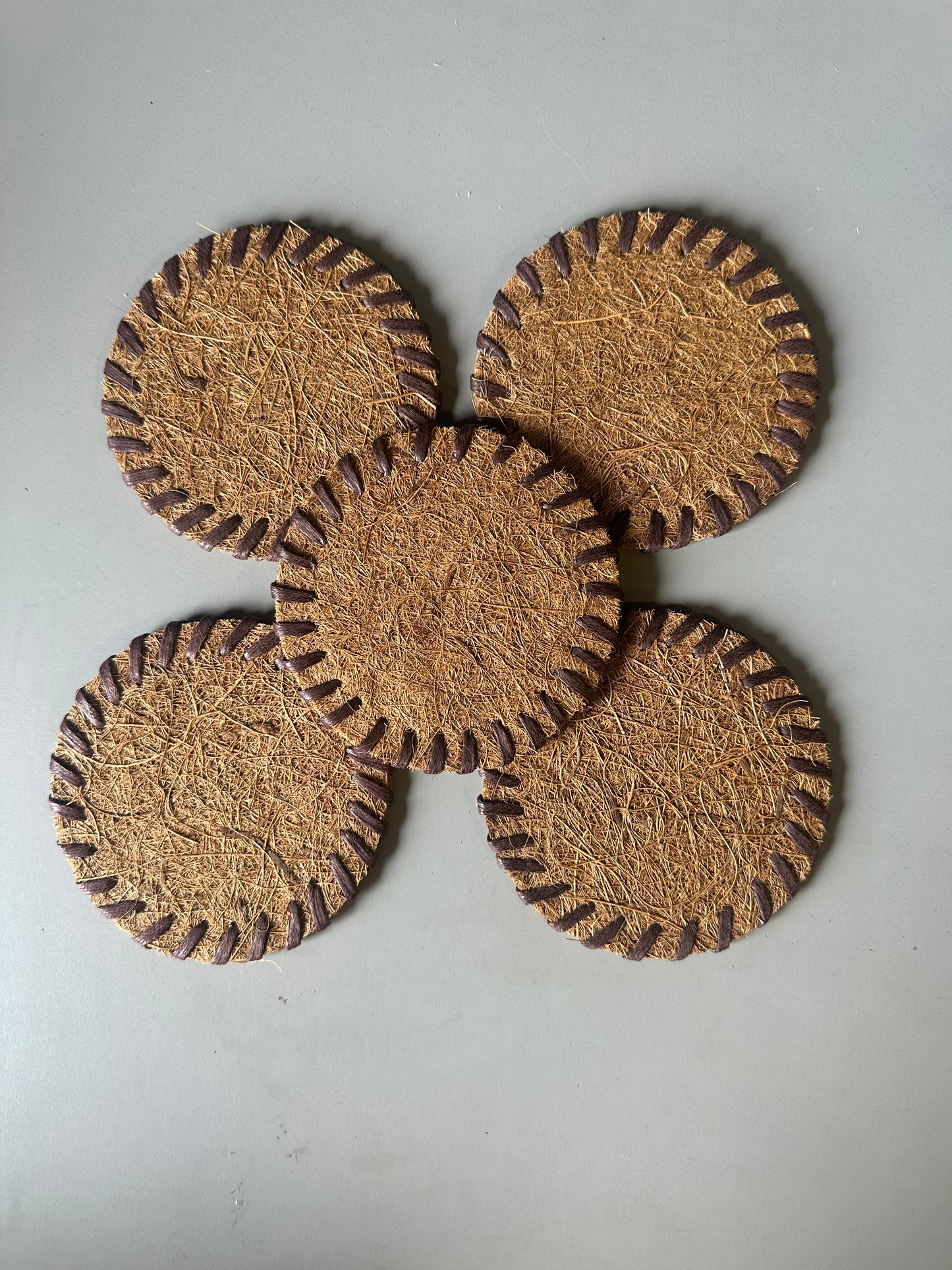 Natural Fiber Coasters with Leather Stitched Edge, Each Set with Coasters Holder, Round in 4.0' Inch Set of 5 (5, Light Brown (Coconut Fiber))