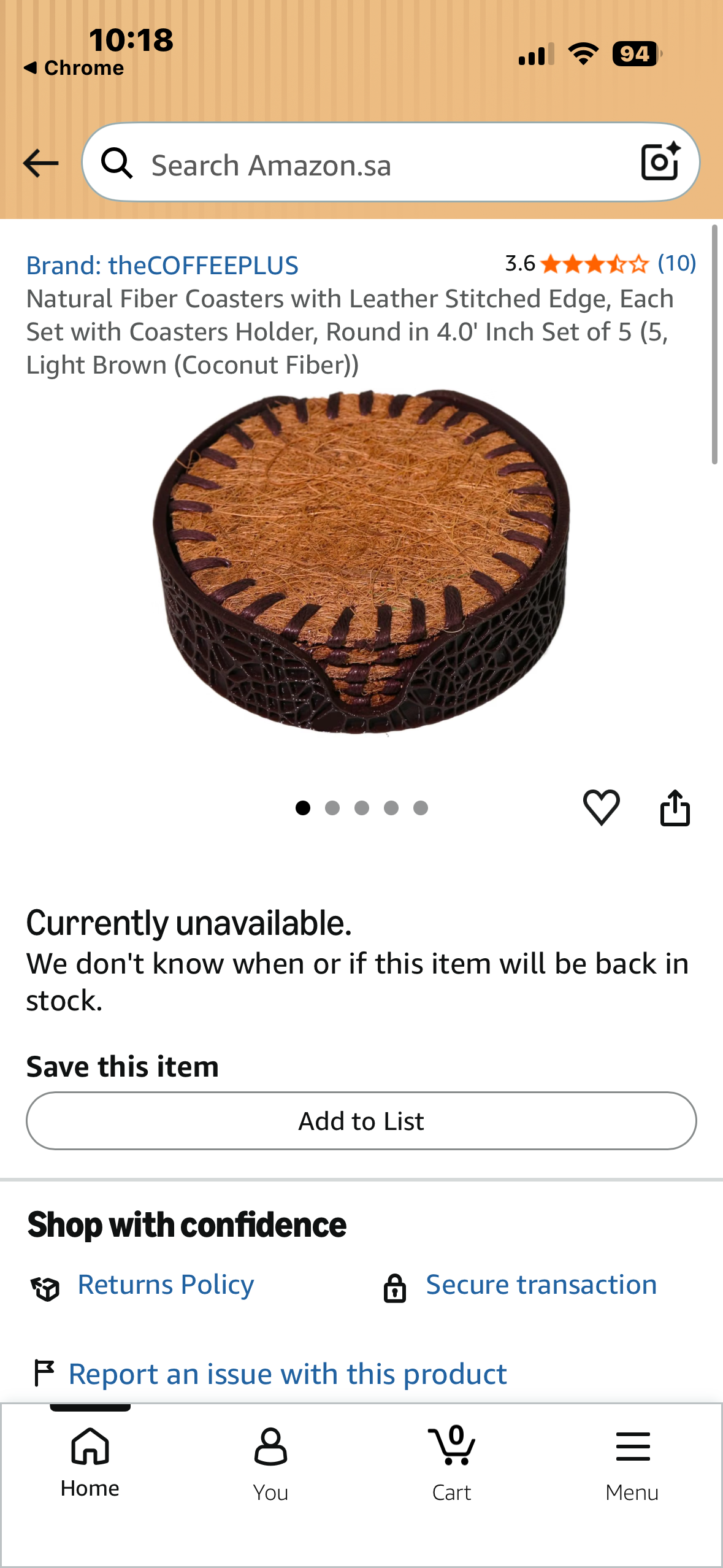 Natural Fiber Coasters with Leather Stitched Edge, Each Set with Coasters Holder, Round in 4.0' Inch Set of 5 (5, Light Brown (Coconut Fiber))