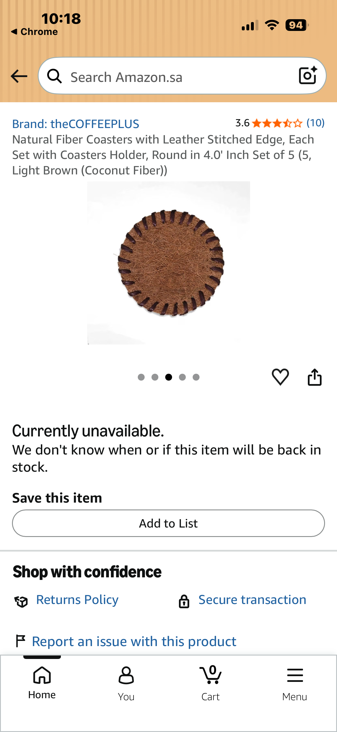 Natural Fiber Coasters with Leather Stitched Edge, Each Set with Coasters Holder, Round in 4.0' Inch Set of 5 (5, Light Brown (Coconut Fiber))