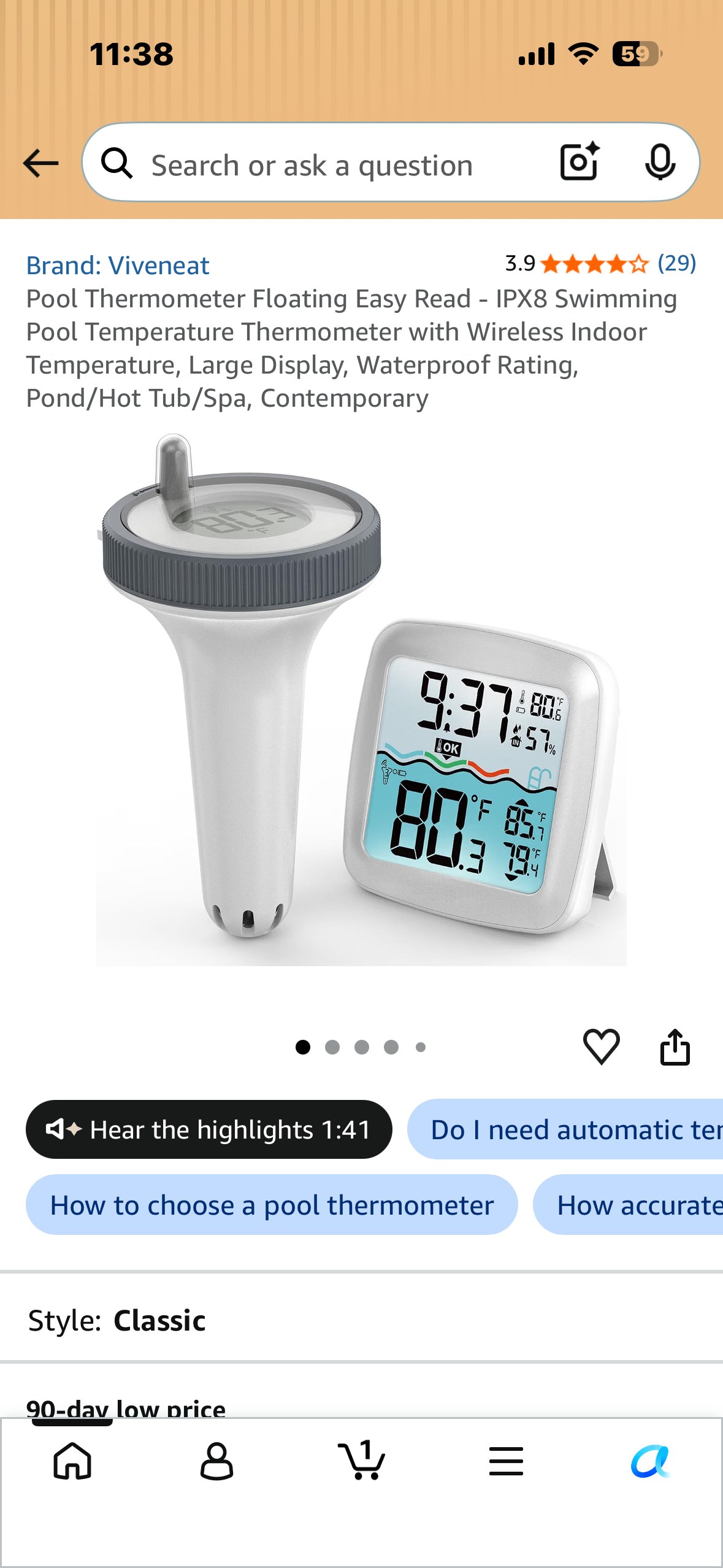 Pool Thermometer, Floating Easy Read, IPX8 Swimming Pool Thermometer with Wireless Indoor Large Display, Waterproof Rating, Pond/Hot Tub/Spa, Contemporary