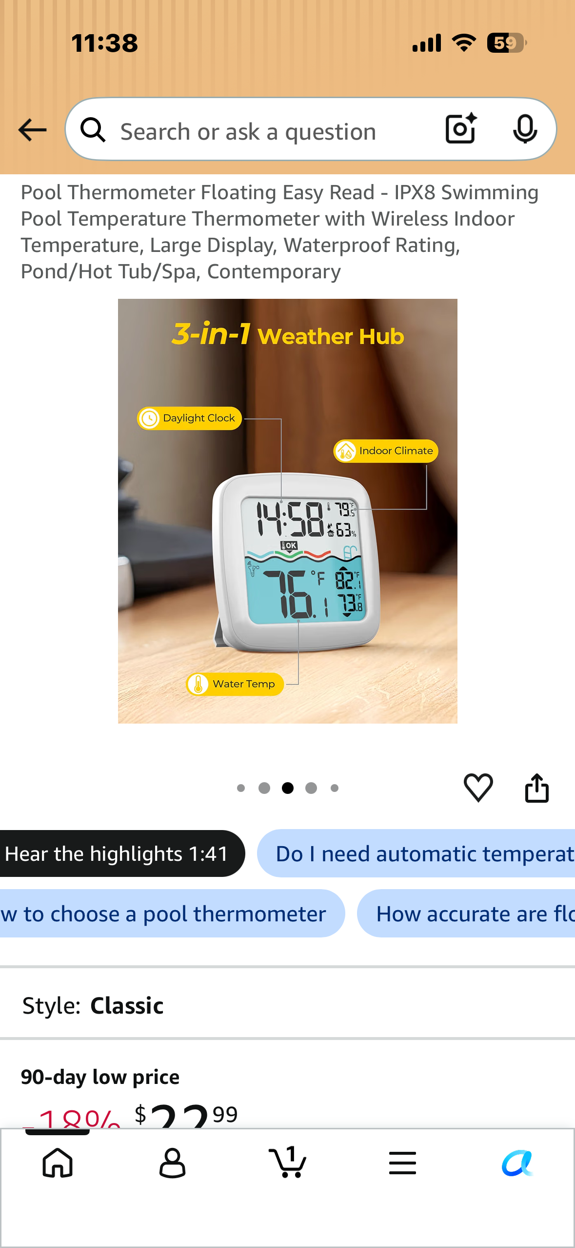 Pool Thermometer, Floating Easy Read, IPX8 Swimming Pool Thermometer with Wireless Indoor Large Display, Waterproof Rating, Pond/Hot Tub/Spa, Contemporary