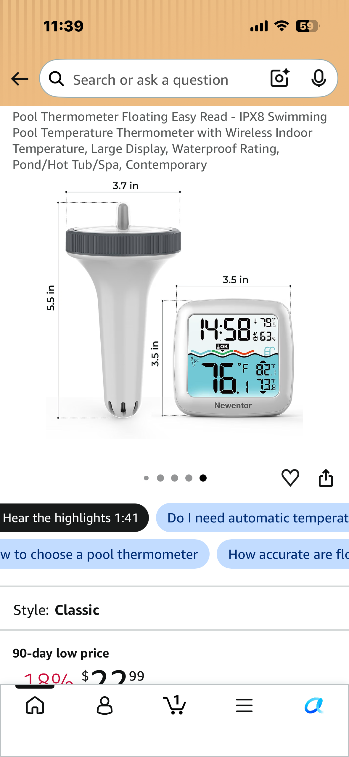 Pool Thermometer, Floating Easy Read, IPX8 Swimming Pool Thermometer with Wireless Indoor Large Display, Waterproof Rating, Pond/Hot Tub/Spa, Contemporary