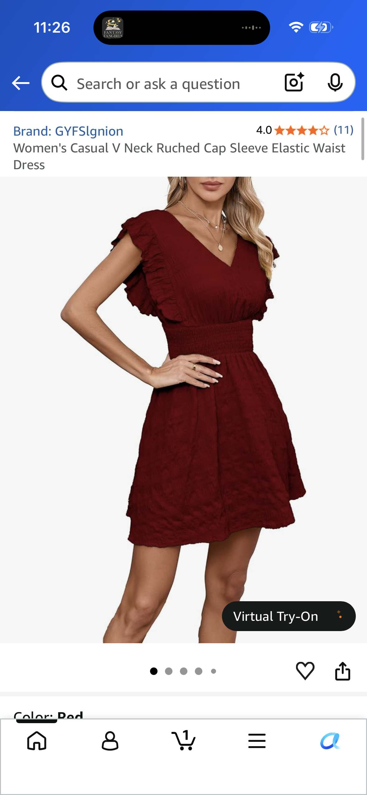 Women's Casual V Neck Ruched Cap Sleeve Elastic Waist Dress, Red (Size Large)