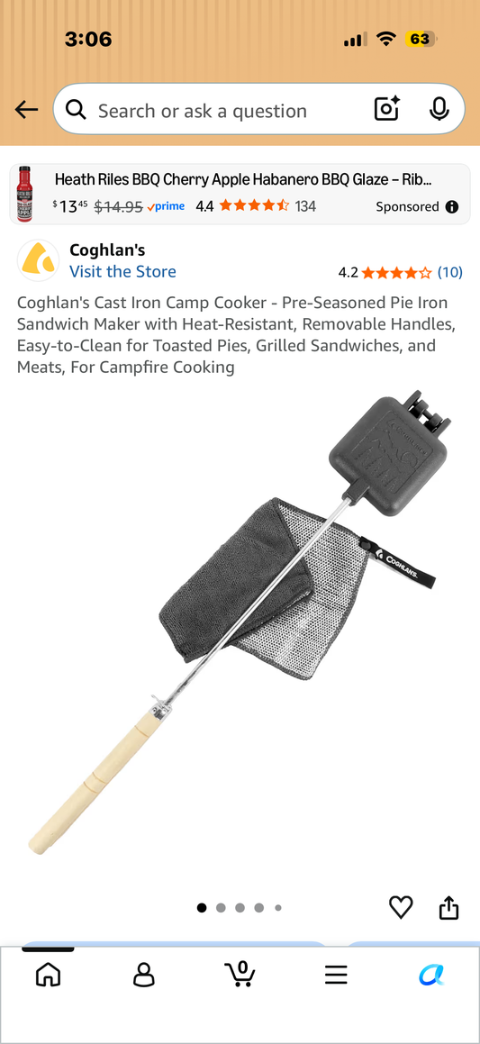 Coghlan's Cast Iron Camp Cooker - Pre-Seasoned Pie Iron Sandwich Maker with Heat-Resistant, Removable Handles, Easy-to-Clean for Toasted Pies, Grilled Sandwiches, and Meats, For Campfire Cooking