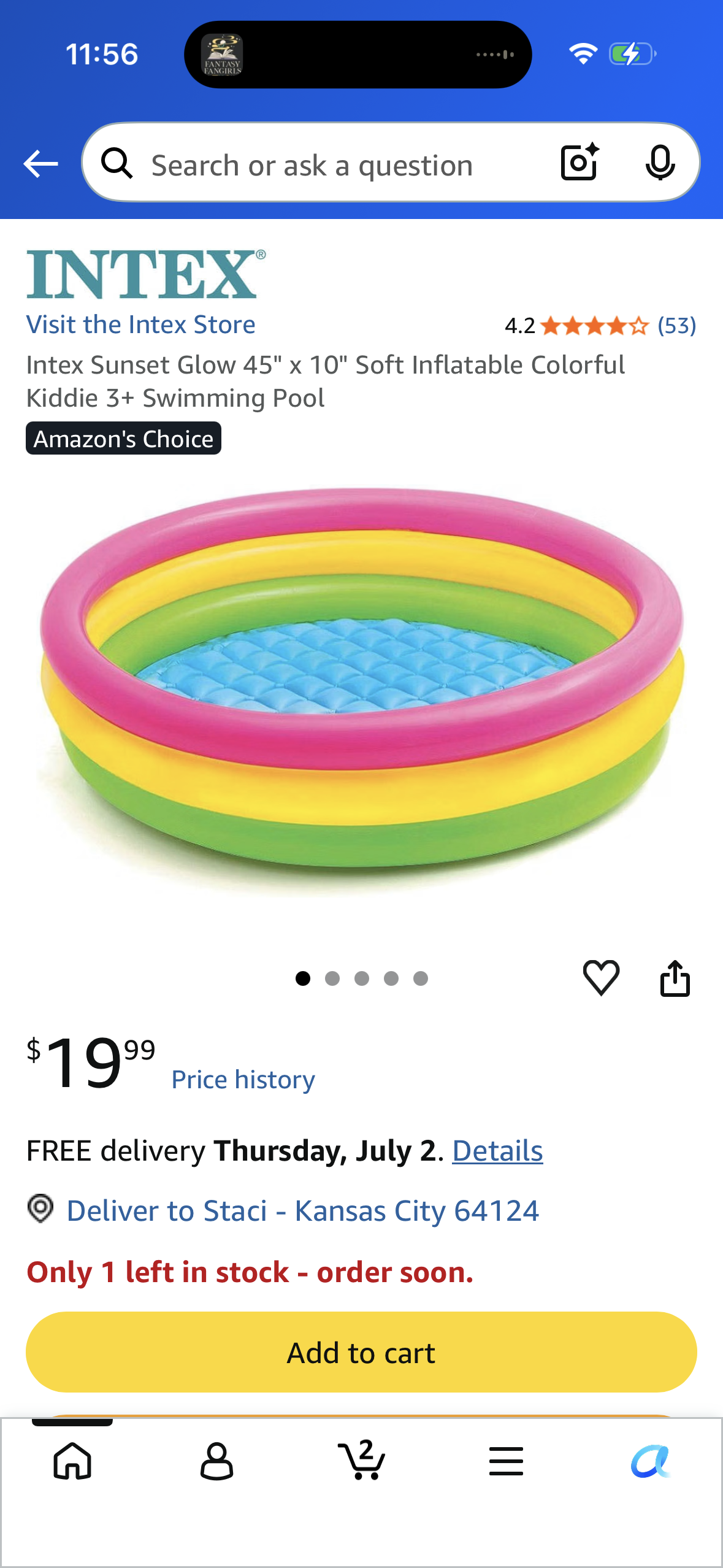 Intex Sunset Glow 45" x 10" Soft Inflatable Colorful Kiddie 3+ Swimming Pool