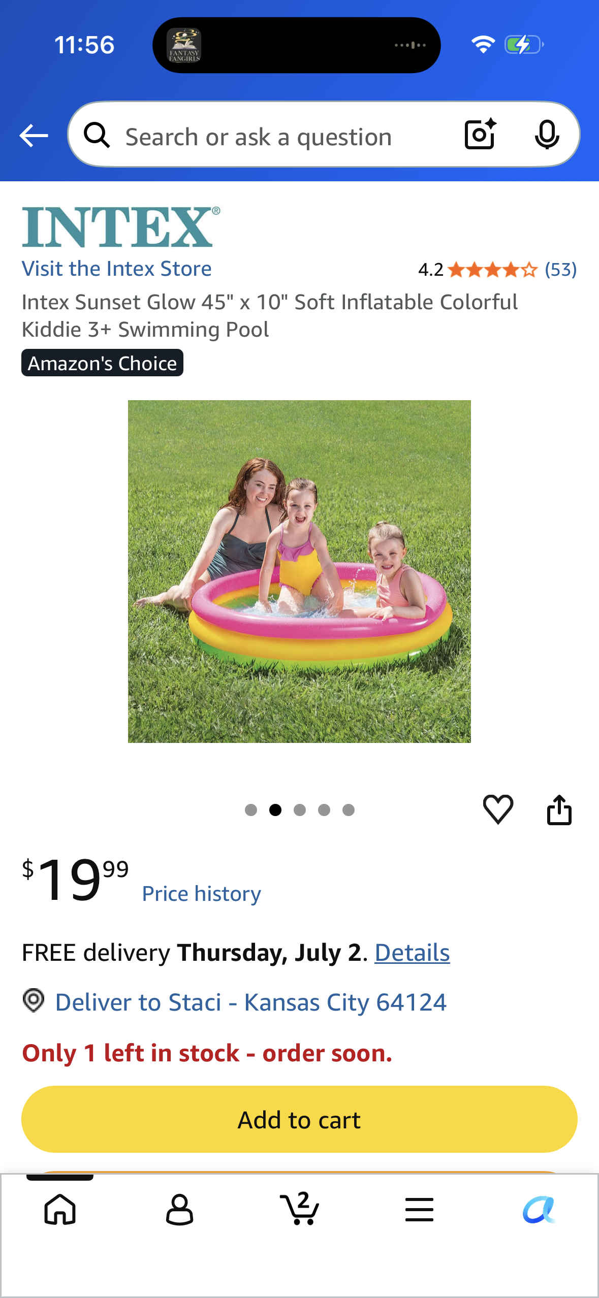 Intex Sunset Glow 45" x 10" Soft Inflatable Colorful Kiddie 3+ Swimming Pool