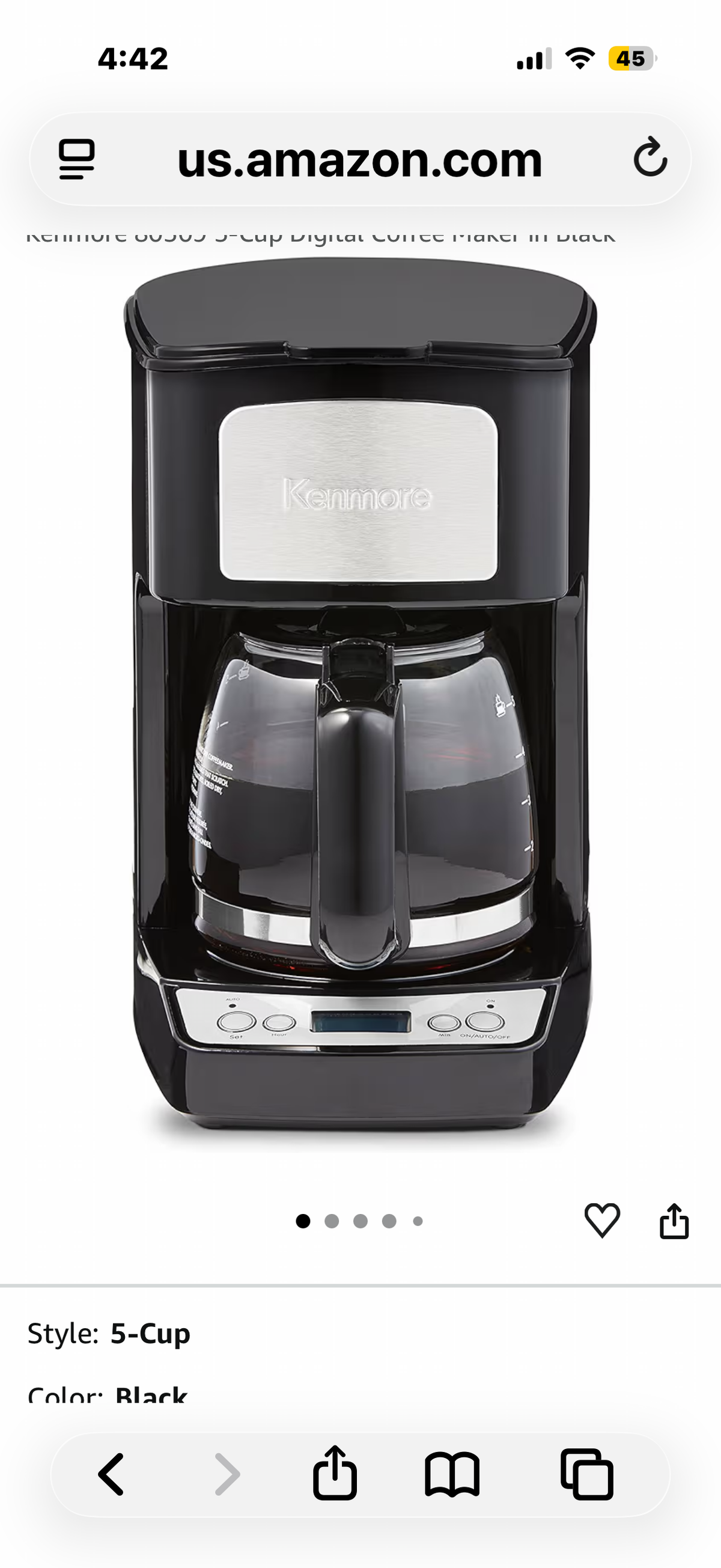Kenmore Perk 5-Cup Mini Drip Coffee Maker, Black and Stainless Steel