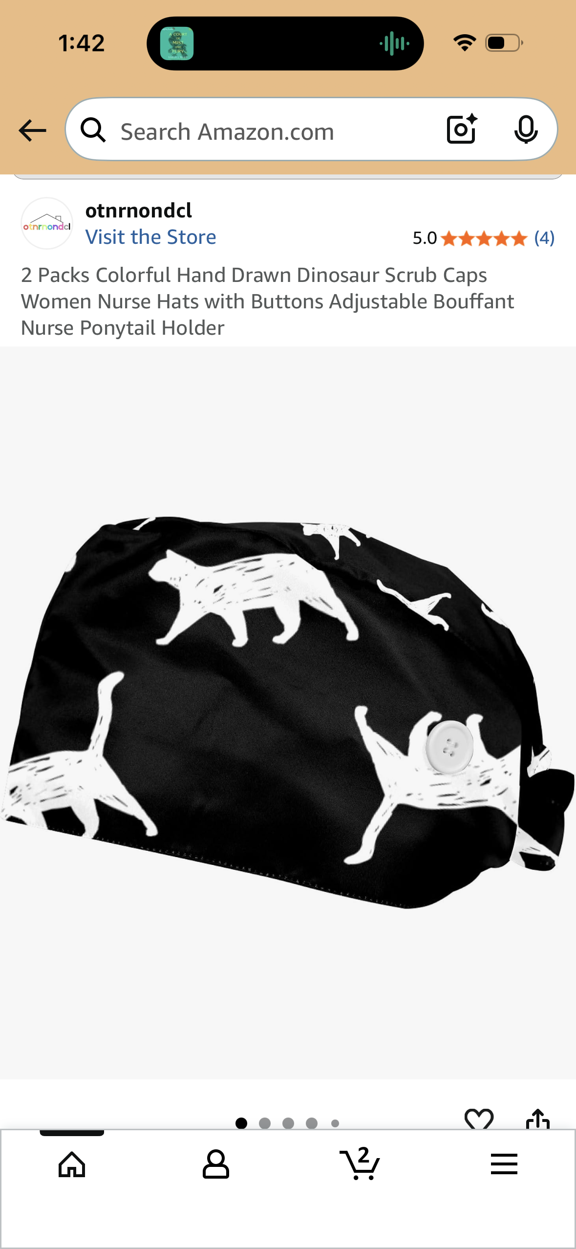 2 Packs Colorful Hand Drawn Dinosaur Scrub Caps Women Nurse Hats with Buttons Adjustable Bouffant Nurse Ponytail Holder