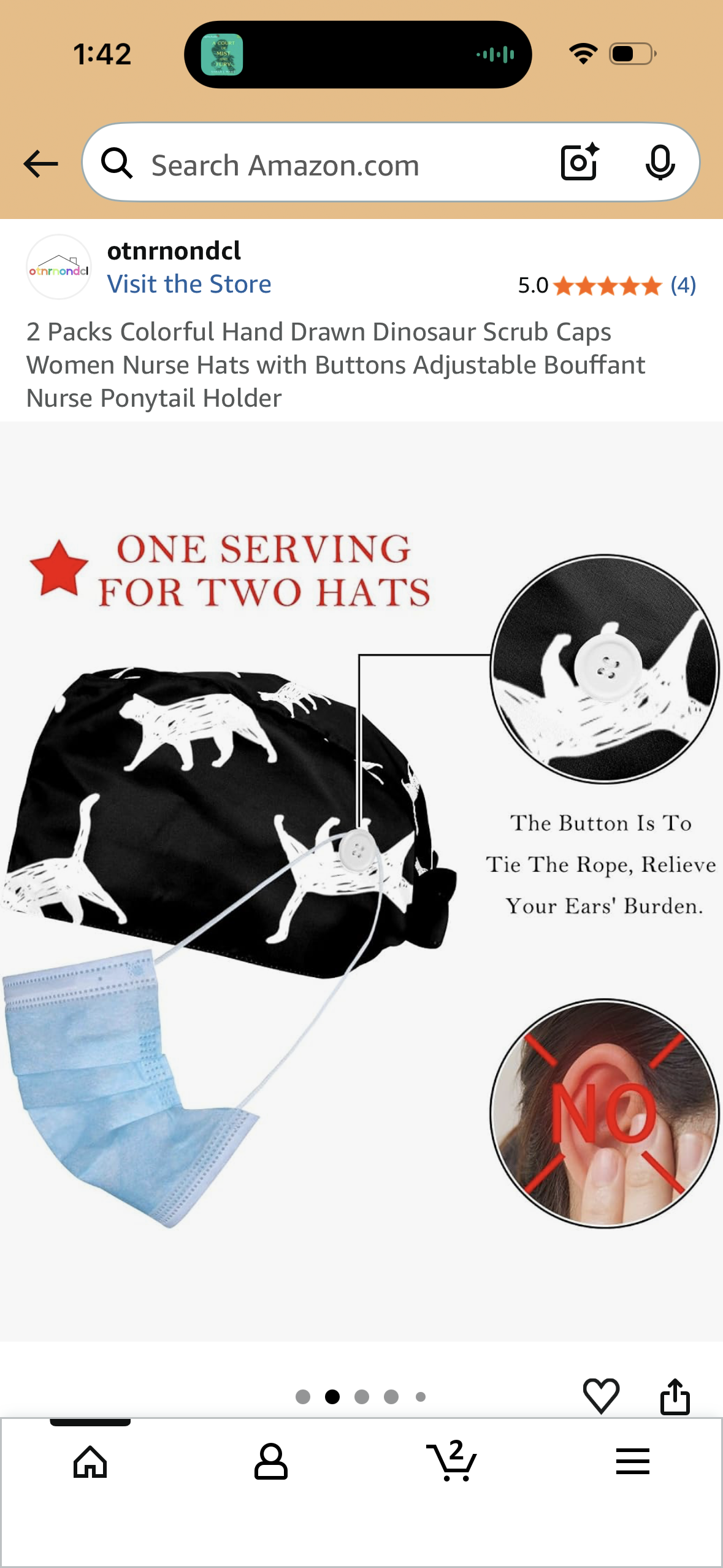 2 Packs Colorful Hand Drawn Dinosaur Scrub Caps Women Nurse Hats with Buttons Adjustable Bouffant Nurse Ponytail Holder