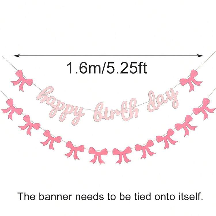 Gostman Pink Bow Happy Birthday Banner - Happy Birthday Hanging Banner For Girls, Coquette Party Decorations, Bow Garland and Hanging Swirls Decor Supplies